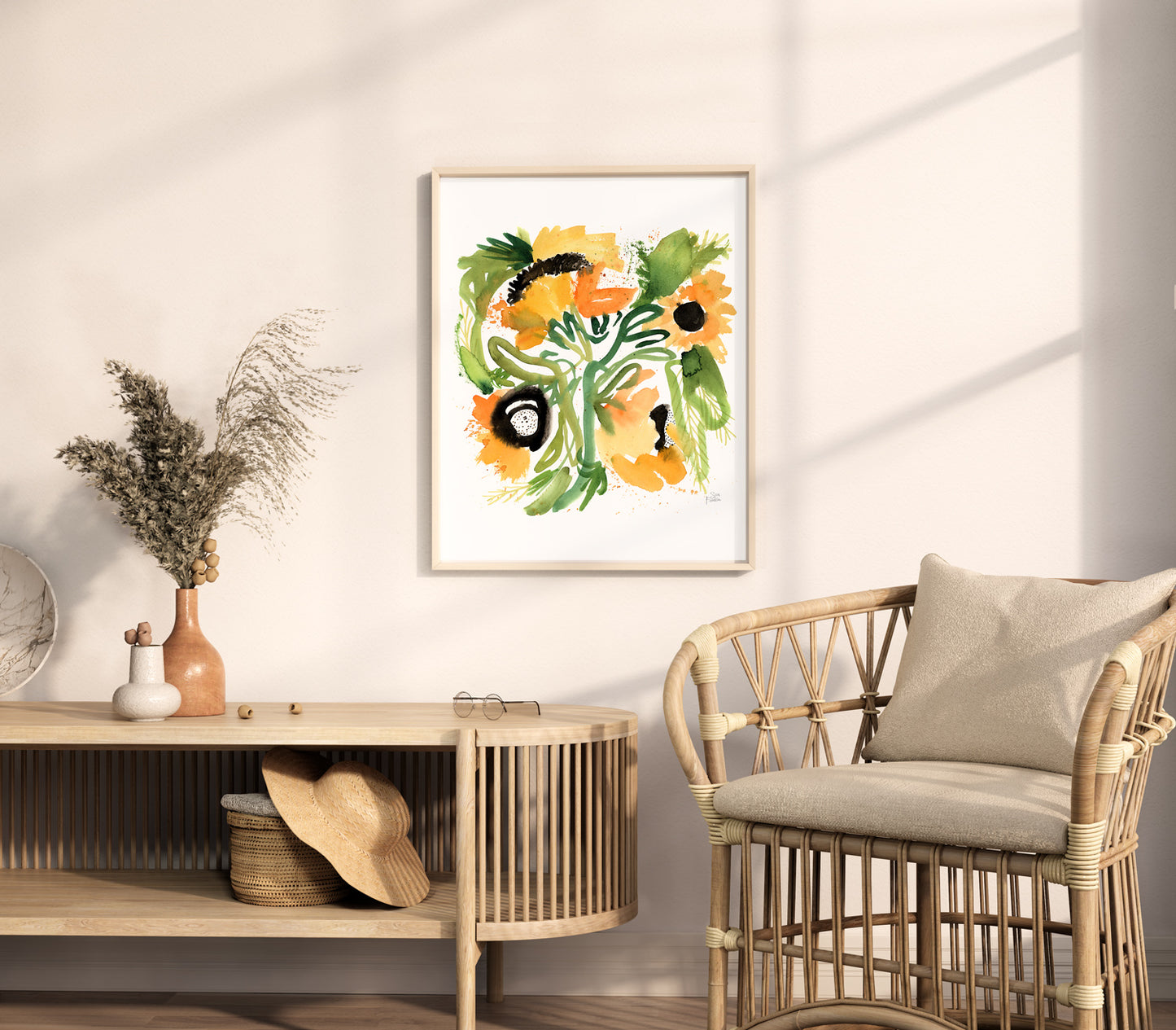 a room with a chair and a table with a vase of flowers on it
