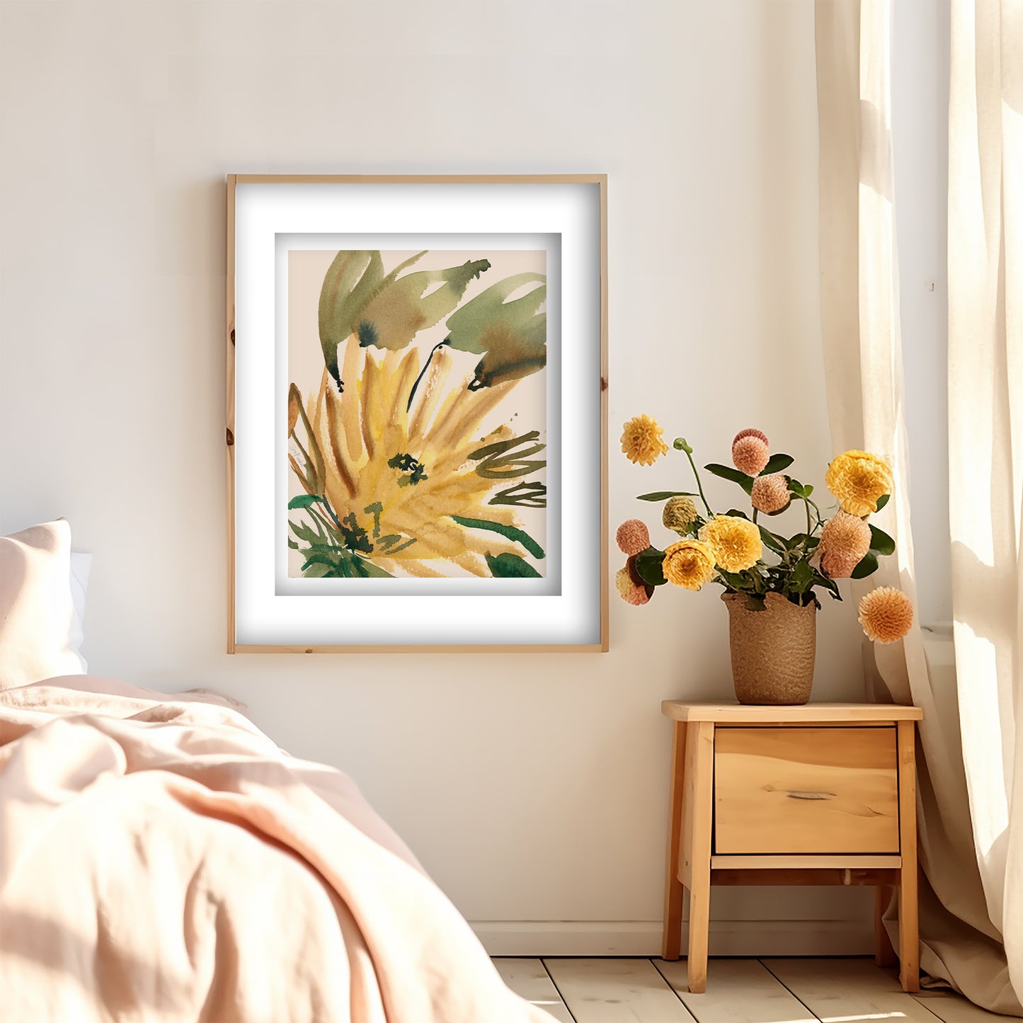a bedroom with a bed, a wooden nightstand, and a framed painting of a yellow flower hanging on the wall.