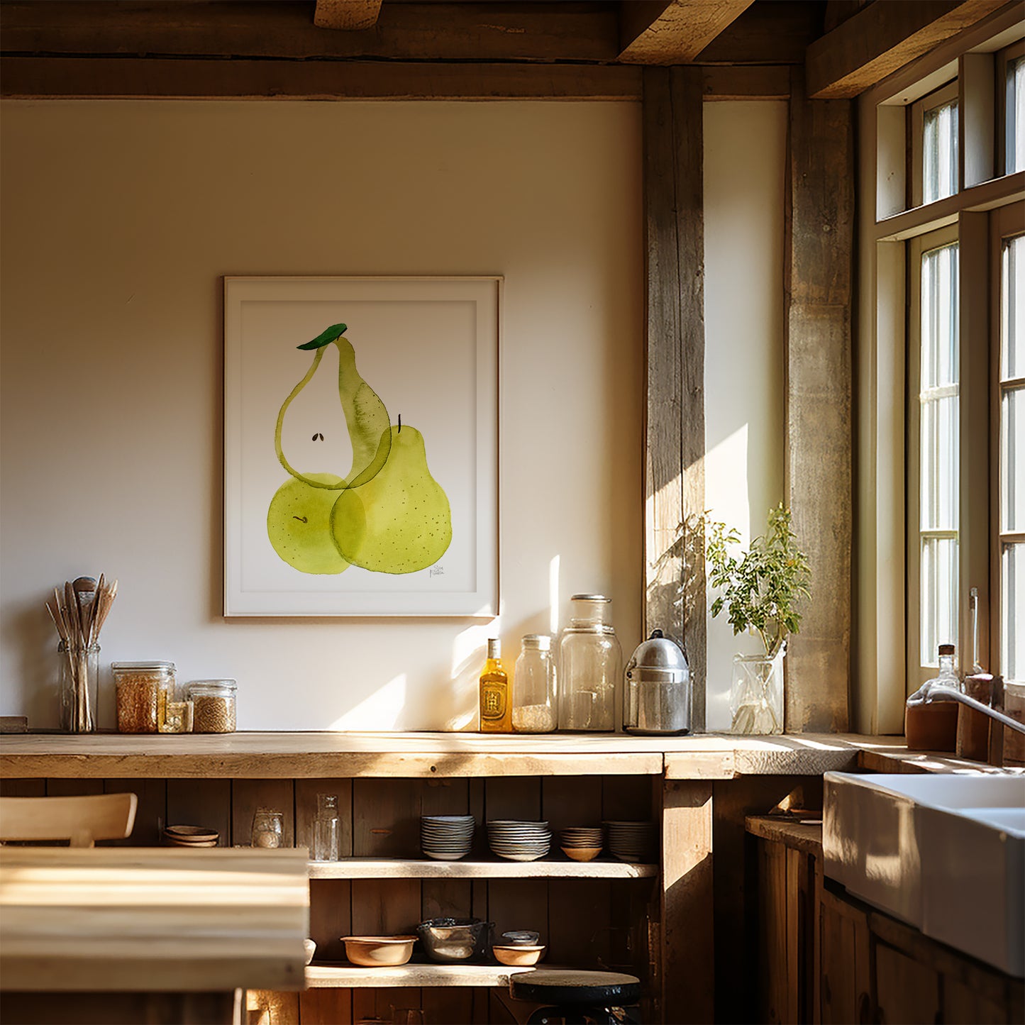 a cozy kitchen scene with a wooden counter, a sink, and various kitchen items such as jars, bottles, and a vase. A framed illustration of green pears hangs on the wall above the counter, adding a touch of color and nature to the space.