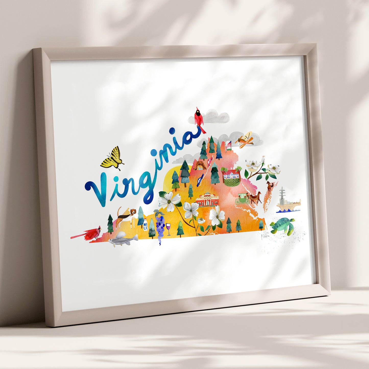 a picture frame with a picture of a map of the state of virginia