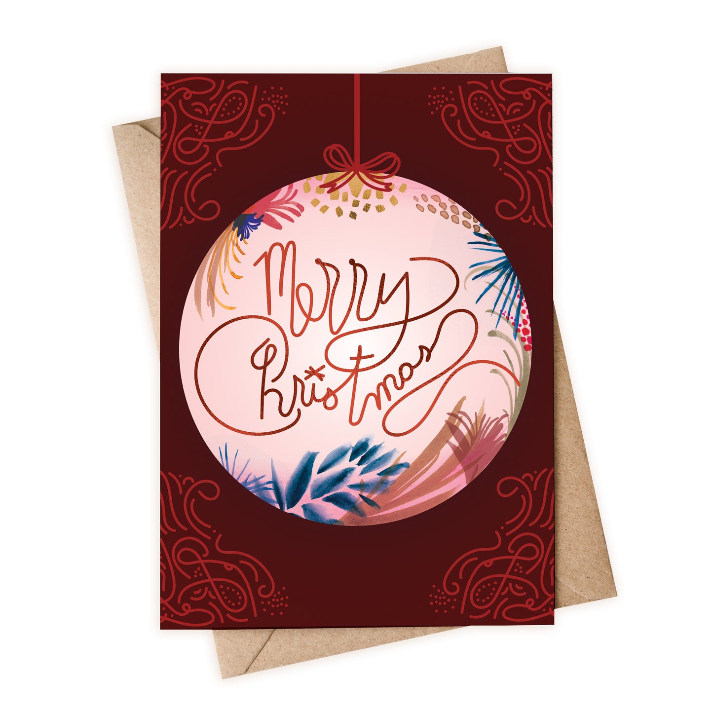 a christmas ornament hanging from a red card