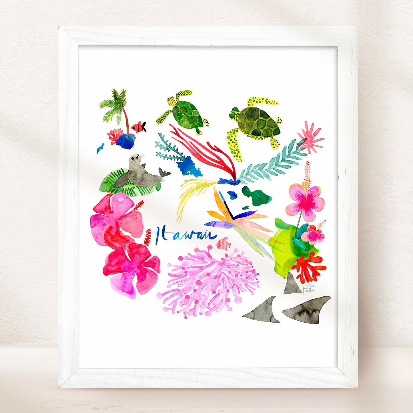 a watercolor painting of tropical flowers and fish