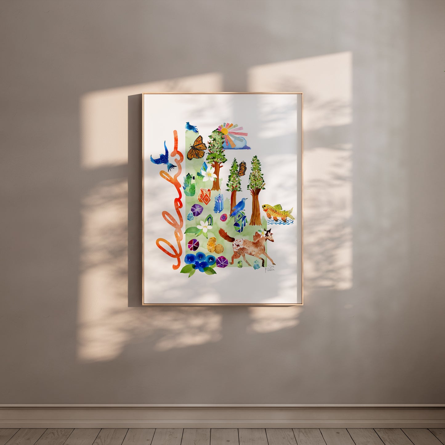 a painting hanging on a wall in a room