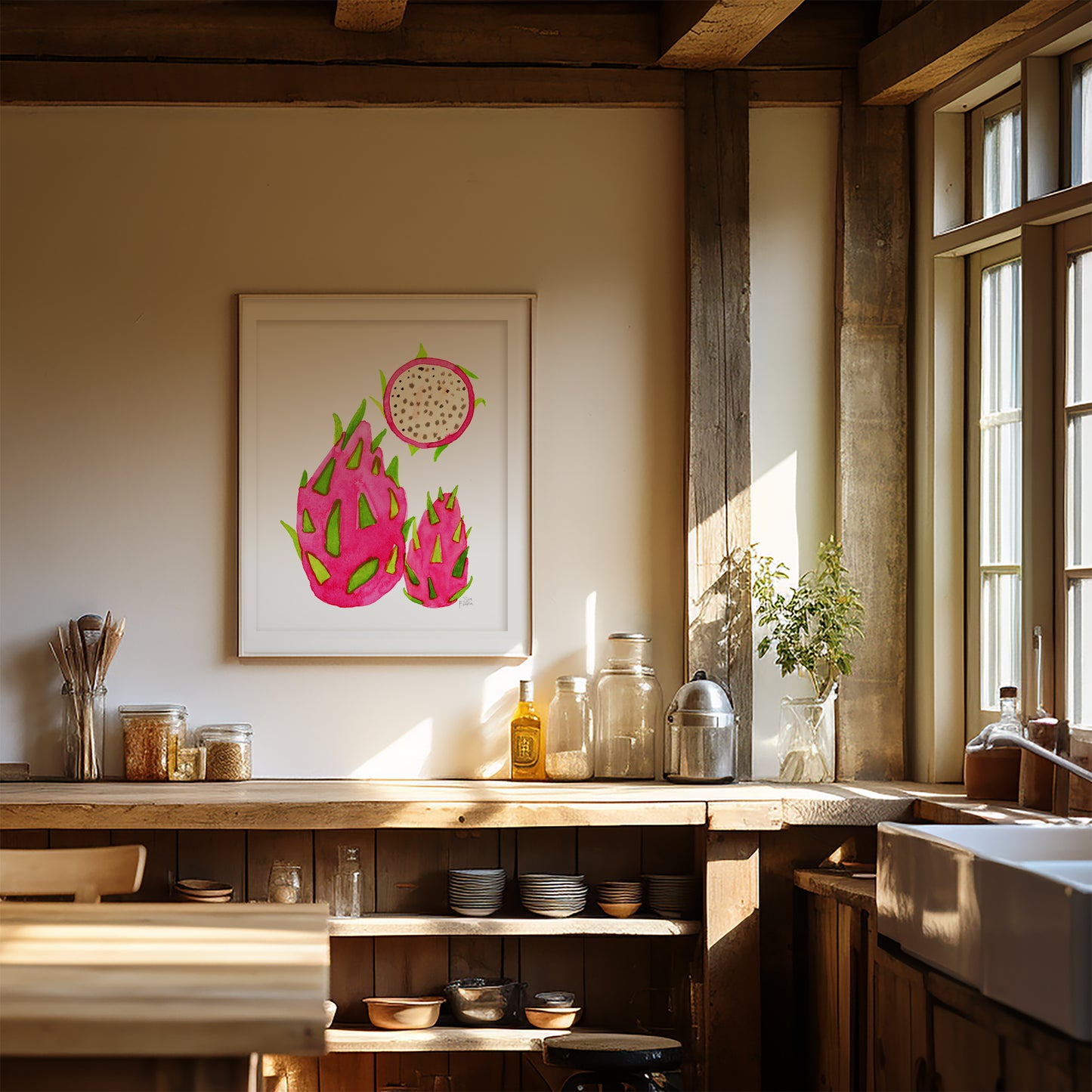 a kitchen with a wooden counter, a sink, and various kitchen items such as jars, bottles, and a vase. There is a framed illustration of a dragon fruit on the wall, and the kitchen appears to be well-lit and organized.
