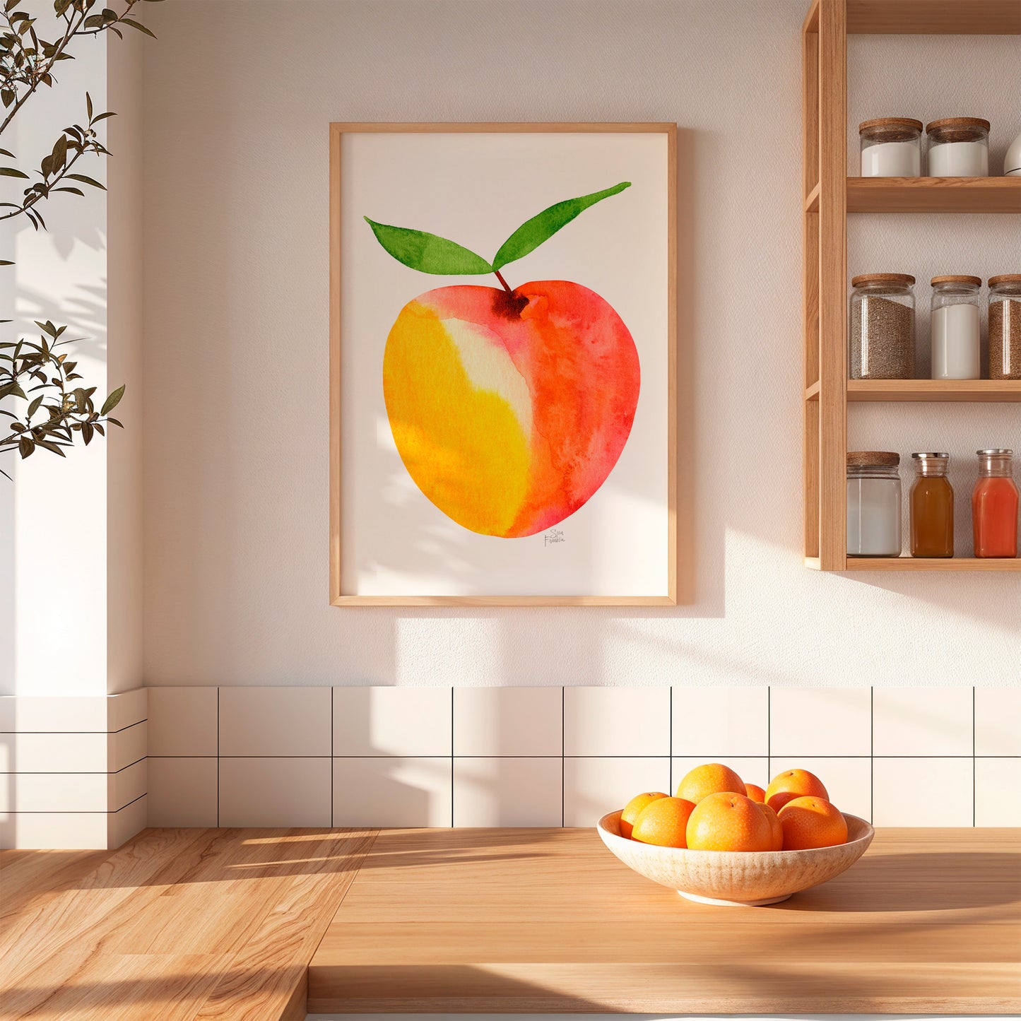 a kitchen scene with a framed painting of a peach hanging on the wall, a bowl of oranges on a wooden table, and a shelf with various jars and bottles.