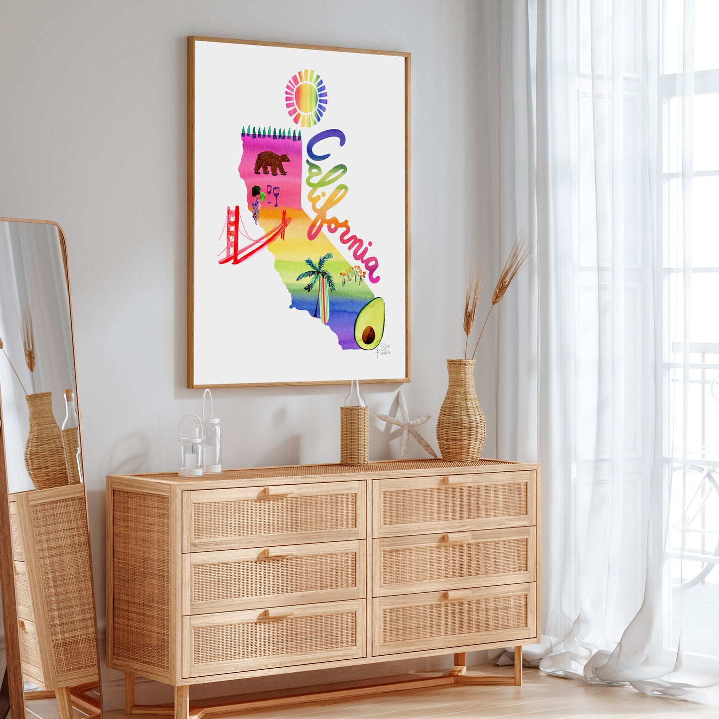 a wooden dresser sitting next to a window