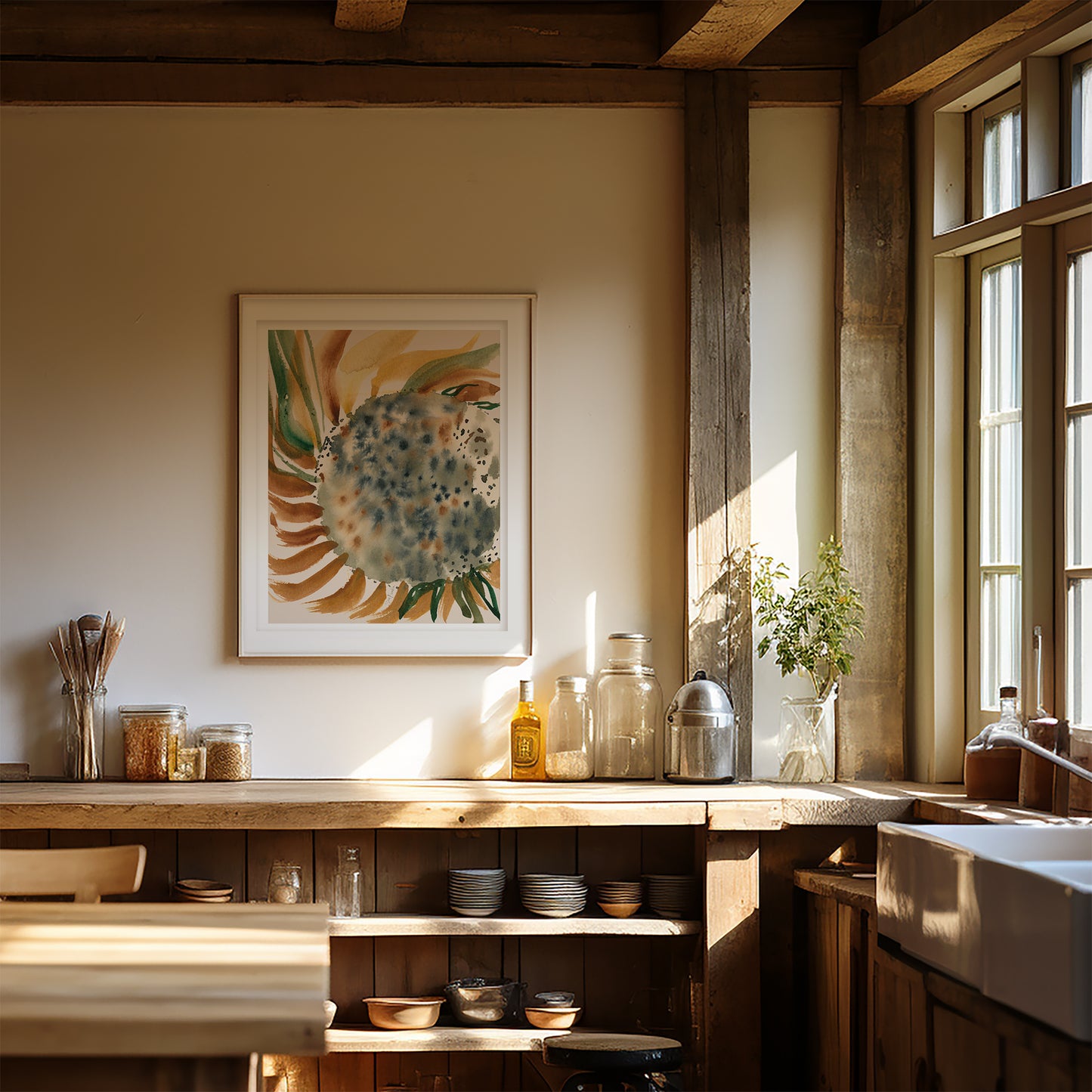 a cozy kitchen with a wooden counter, a sink, and various kitchen items such as jars, bottles, and a vase. A framed picture of a flower hangs on the wall, and the room is illuminated by natural light coming through a window.