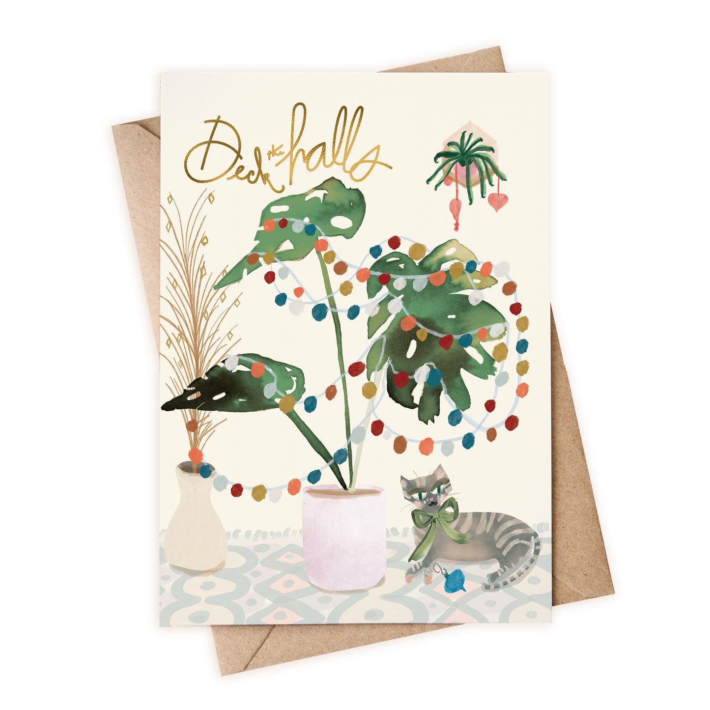 a greeting card with a plant and a cat