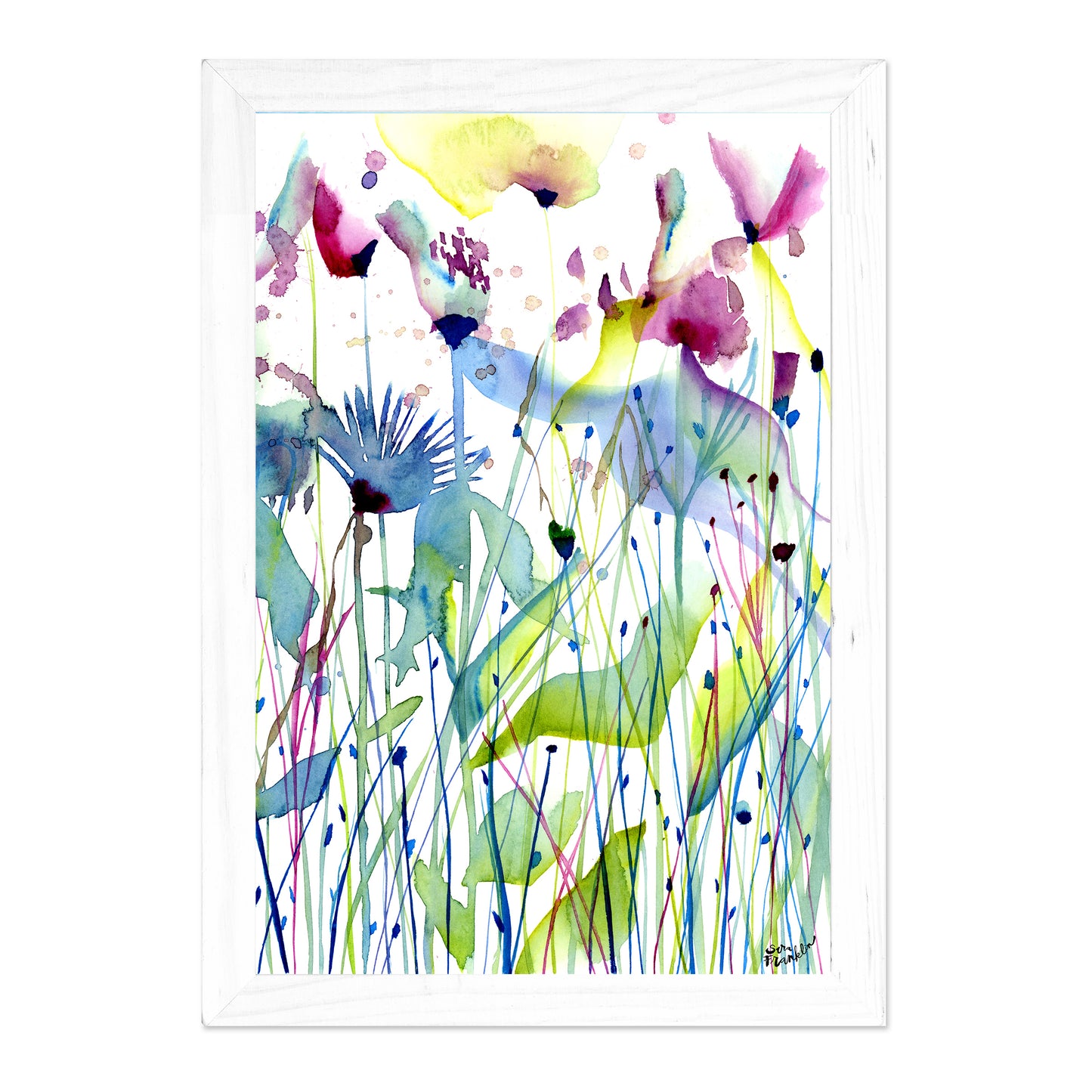 a watercolor painting of flowers in a field