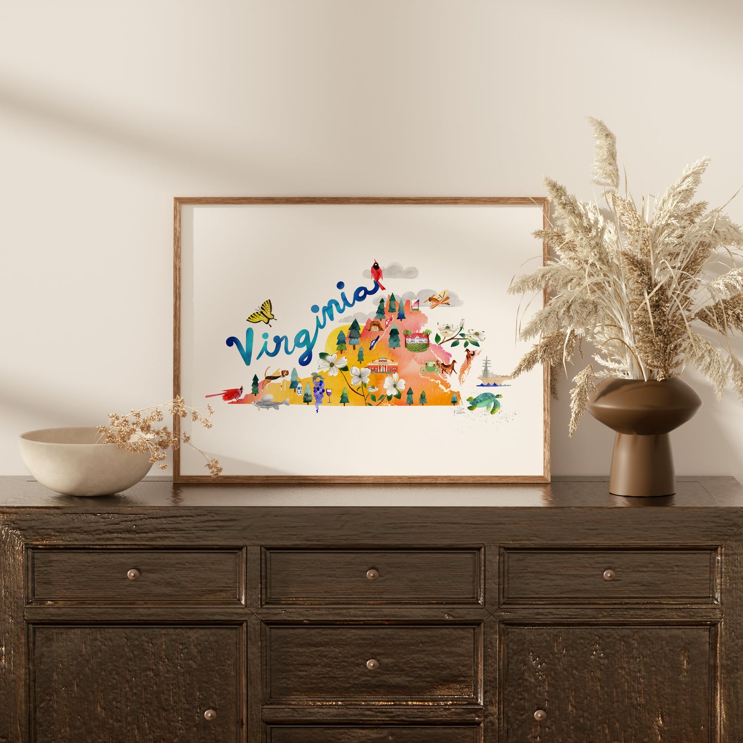 a wooden dresser topped with a vase filled with flowers