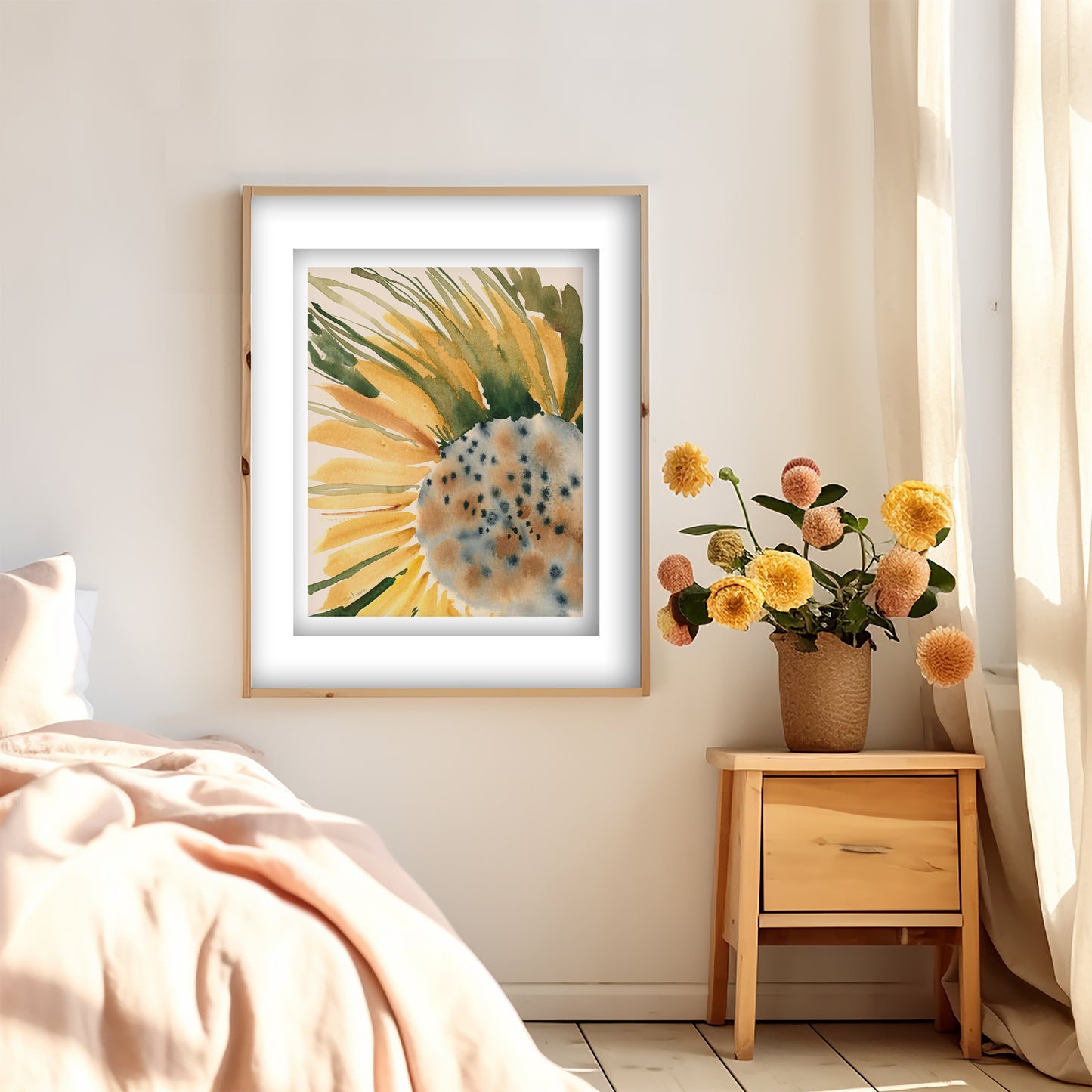 a serene bedroom scene with a bed, a wooden nightstand, and a framed watercolor painting of a sunflower on the wall.