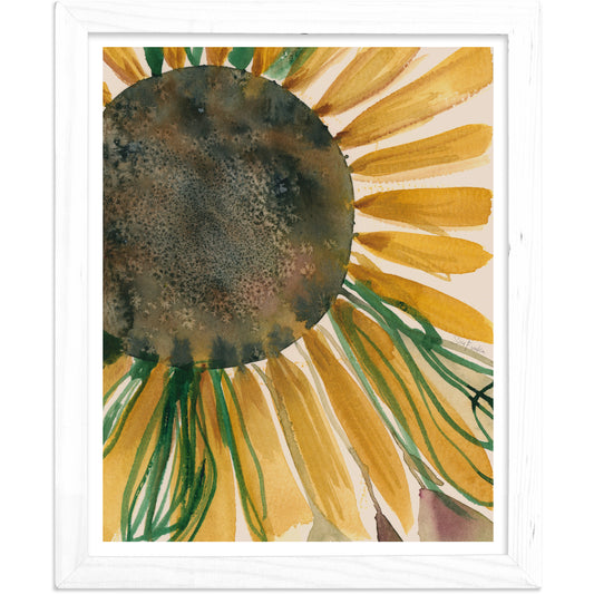 The image is a watercolor painting of a sunflower, with vibrant yellow petals and green leaves.