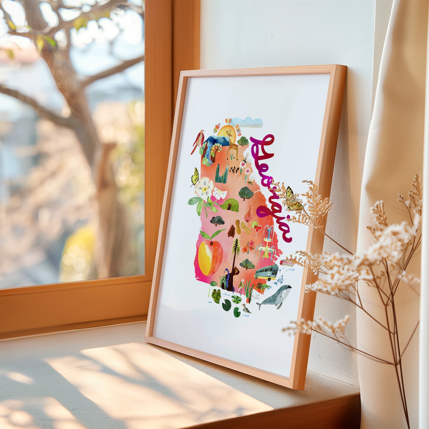a picture of a window sill with a plant in front of it