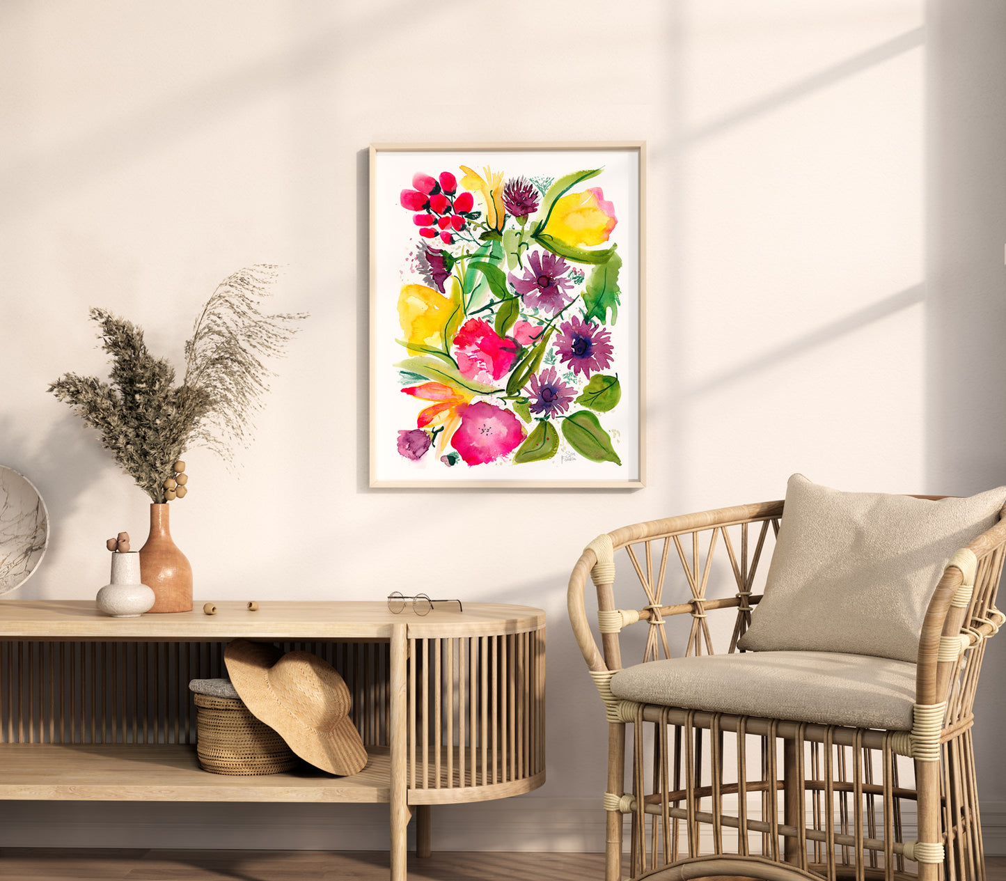 a room with a chair and a table with a vase of flowers on it