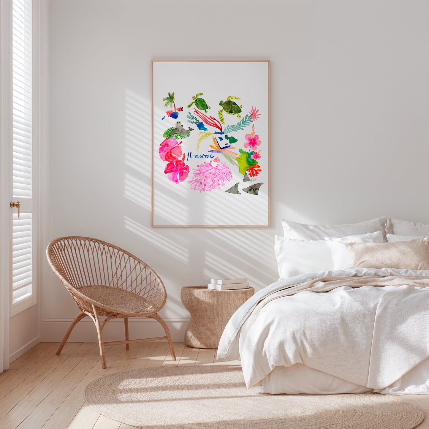 a bedroom with a bed, chair and a painting on the wall