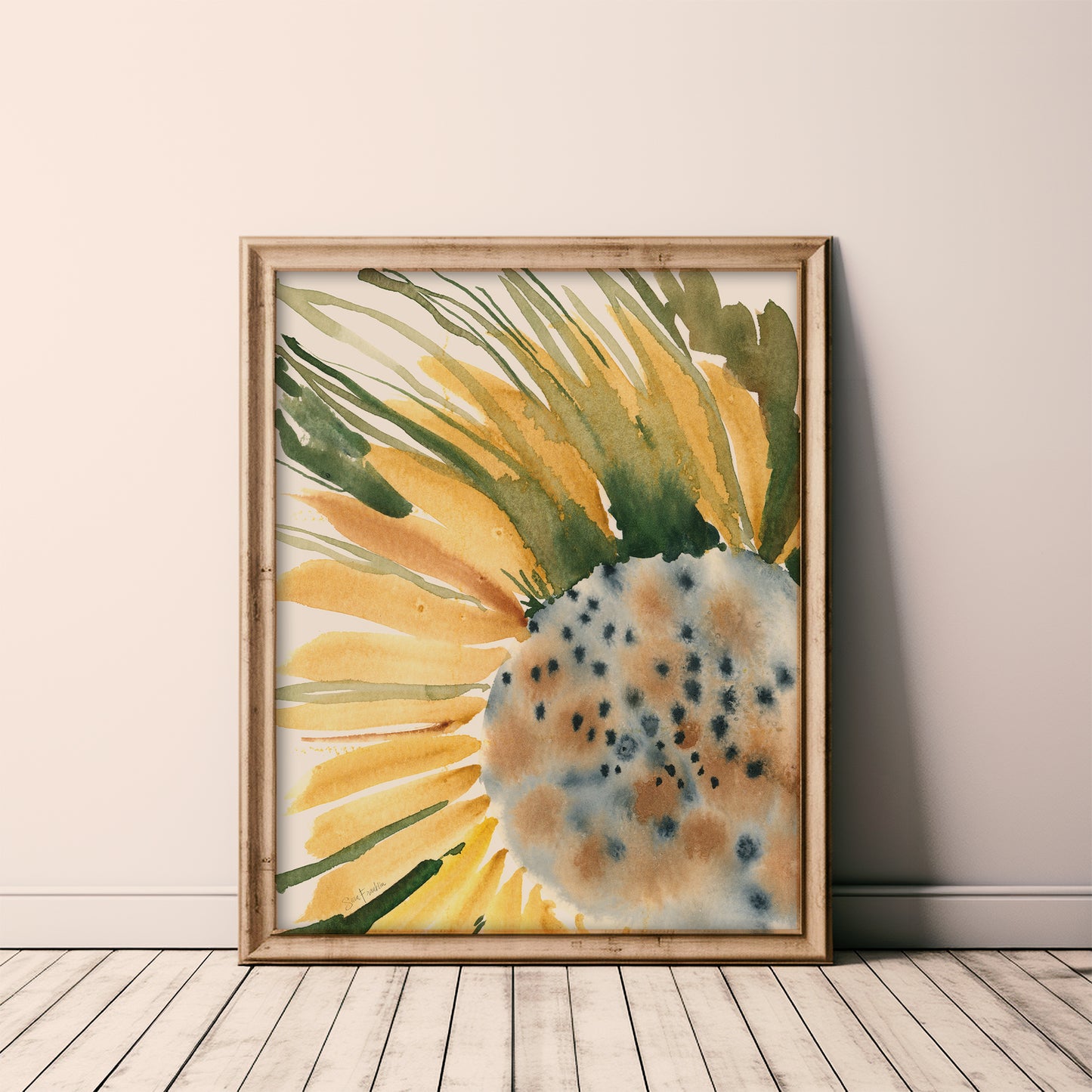 a framed watercolor painting of a sunflower, with vibrant yellow petals and green leaves.
