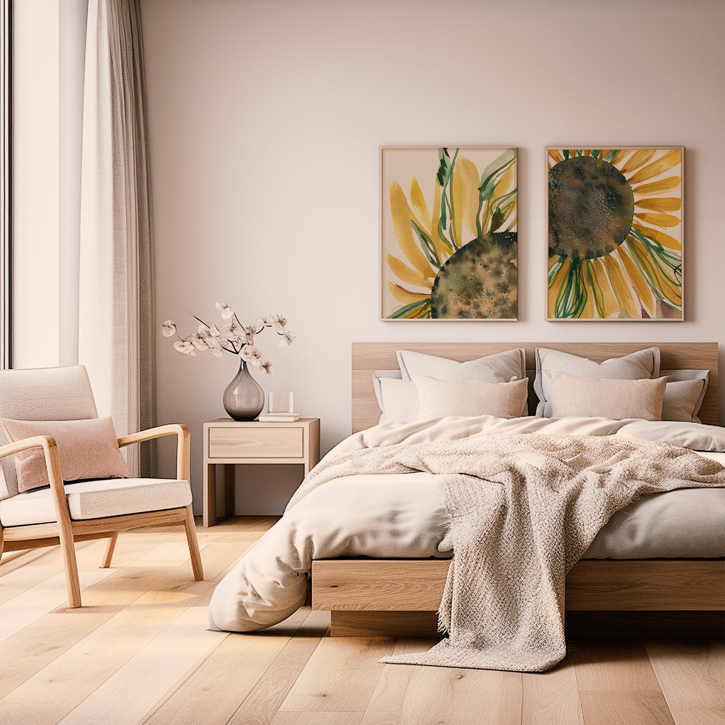 a serene and cozy bedroom with a large bed, a wooden nightstand, and a chair. The room has a neutral color palette, with a large window allowing natural light to fill the space. The walls are painted in a light color, and there are two framed pictures of sunflowers hanging above the bed. The room also features a vase of flowers on the nightstand, adding a touch of nature and elegance to the overall design.
