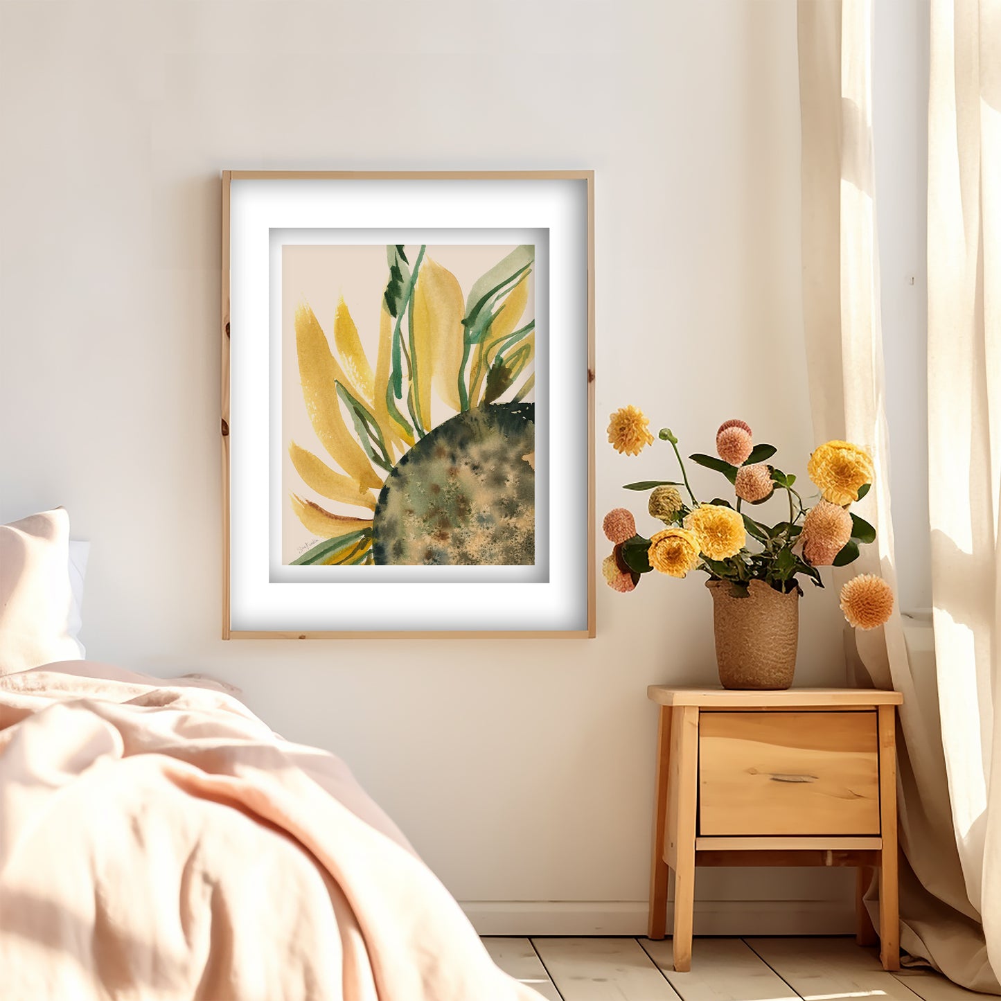 a bedroom with a bed, a framed picture of a sunflower, and a wooden nightstand with a vase of flowers.