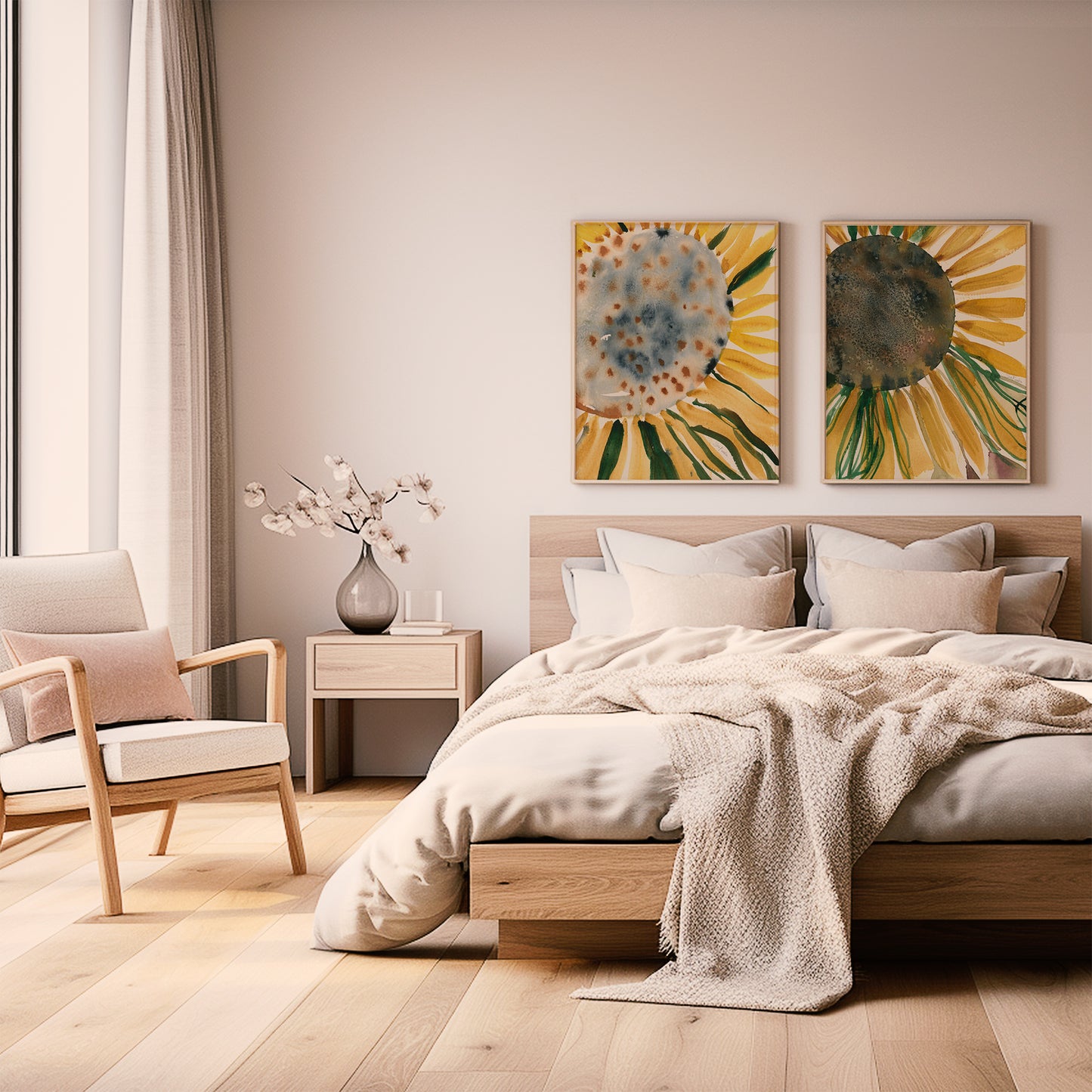 a serene and cozy bedroom with a large bed, a wooden nightstand, and a chair. The room has a neutral color palette with a large window providing natural light, and two framed sunflower paintings hanging on the wall.