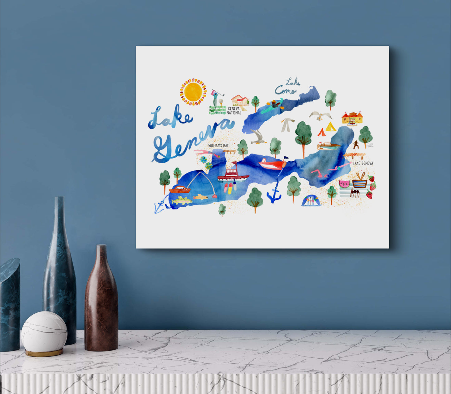 a watercolor map of lake geneva in blue and white