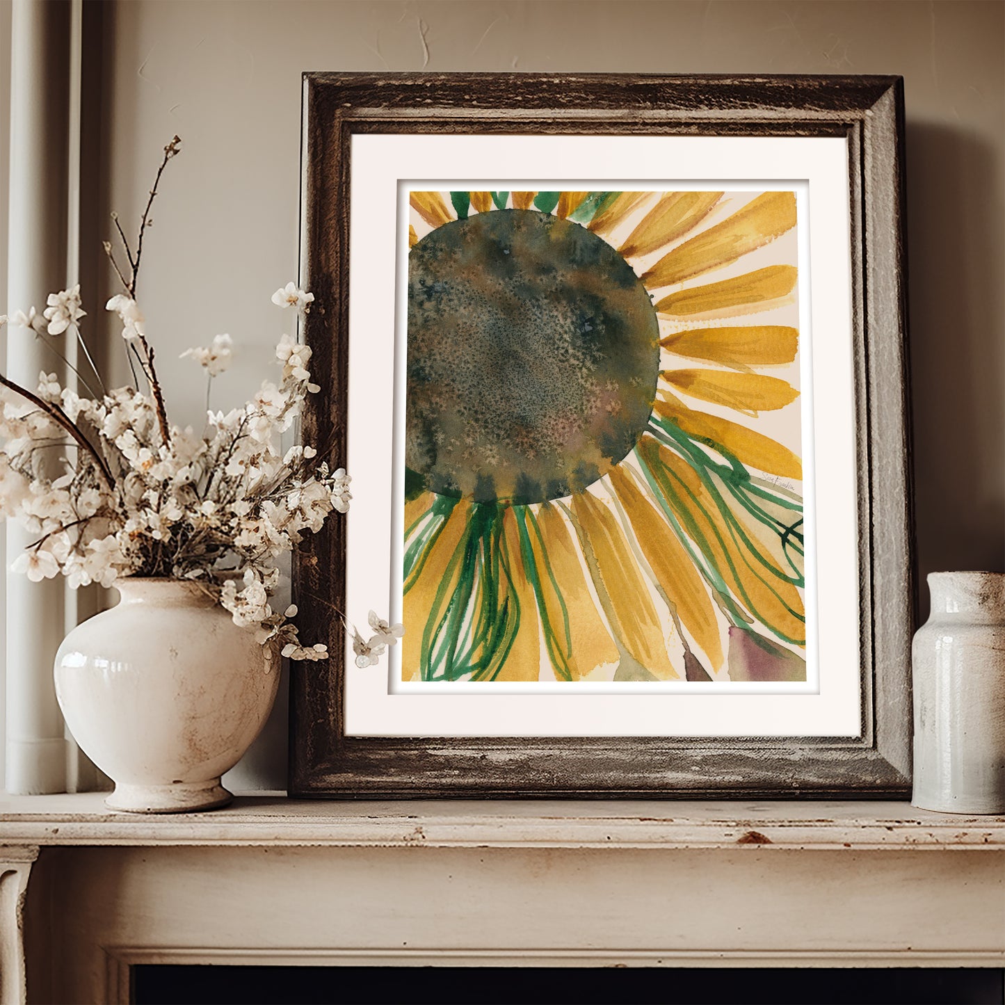 a framed painting of a sunflower on a shelf, accompanied by a vase of white flowers and a small ceramic vase.