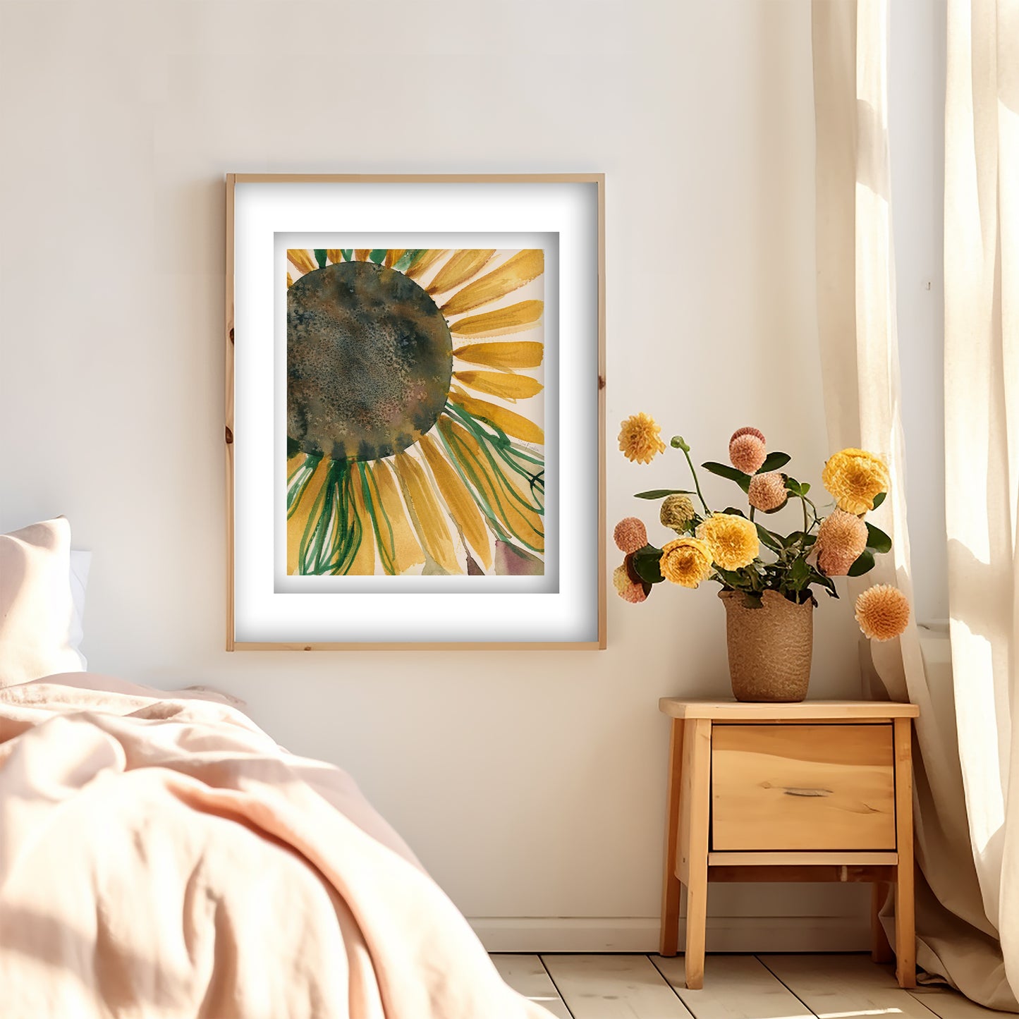 a bedroom with a bed, a wooden nightstand, and a framed painting of a sunflower on the wall. The painting is hanging above the bed, and the nightstand has a vase of flowers on it.