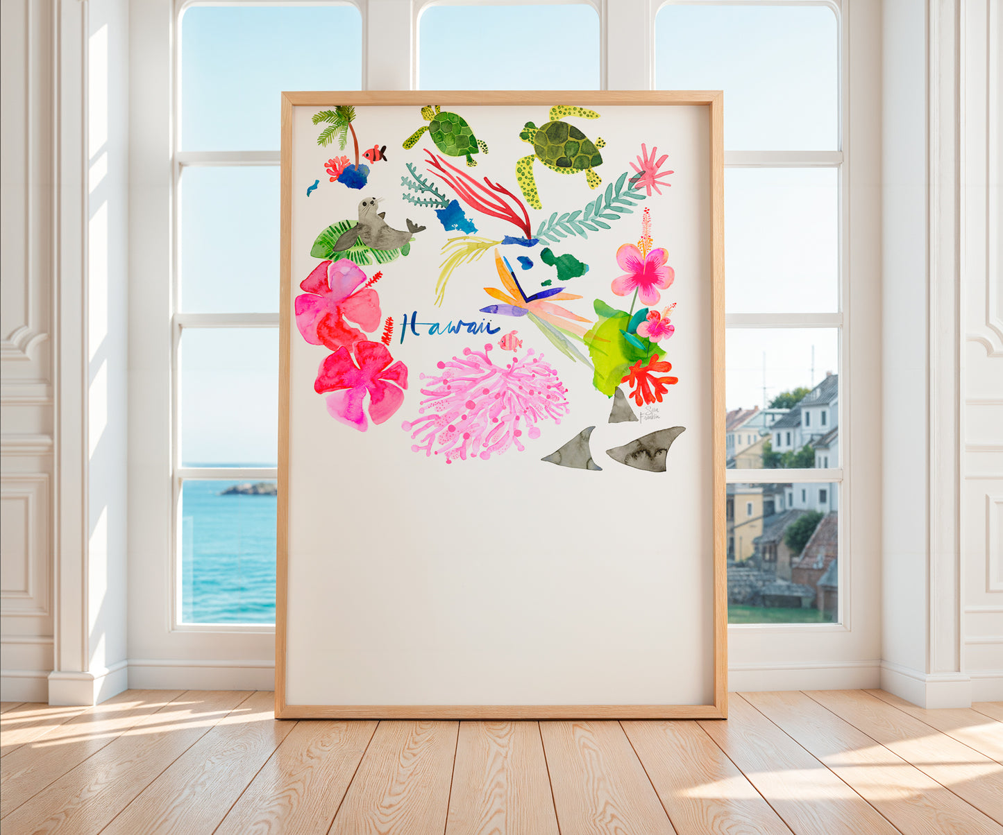 a picture frame with a painting of flowers and fish