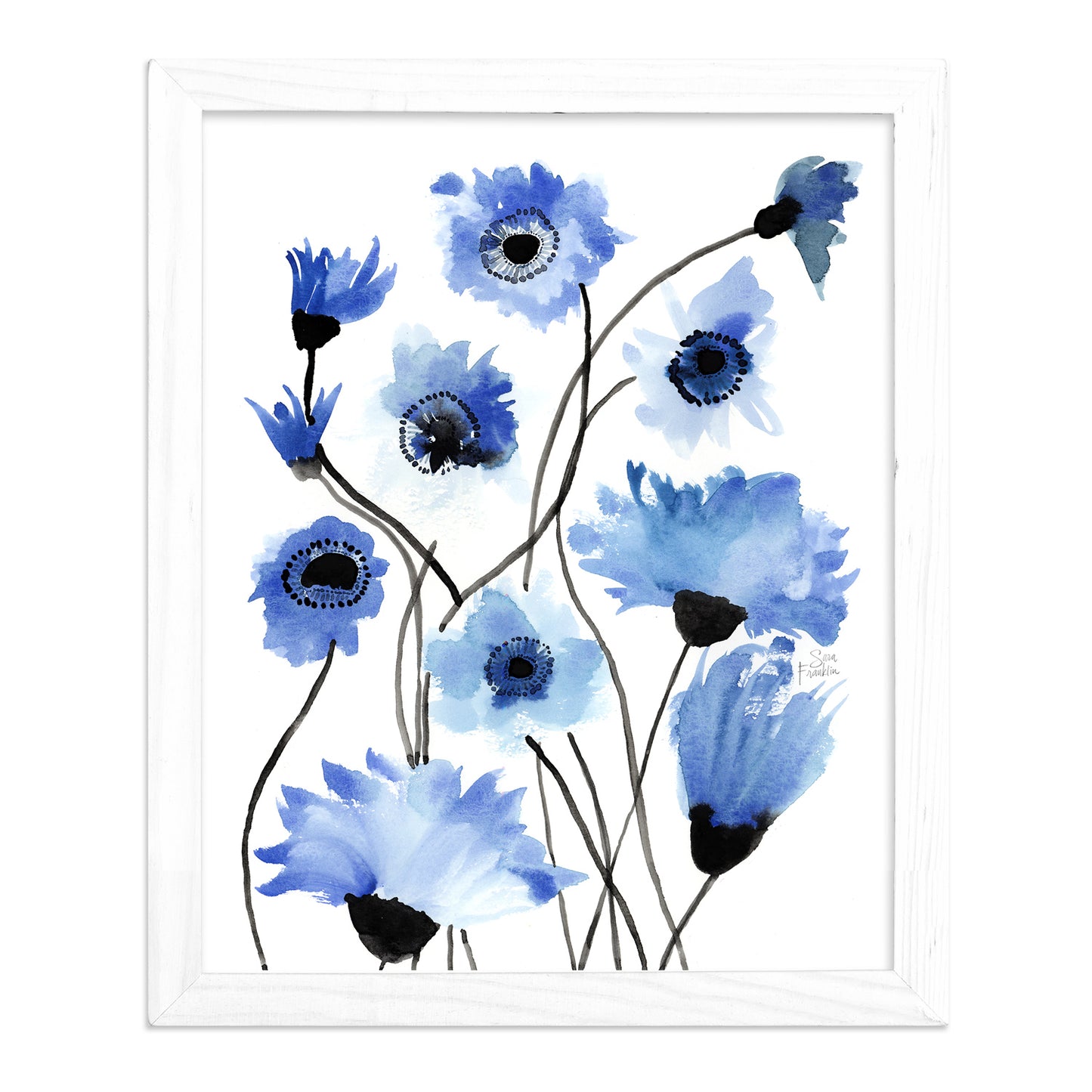 a painting of blue flowers on a white background