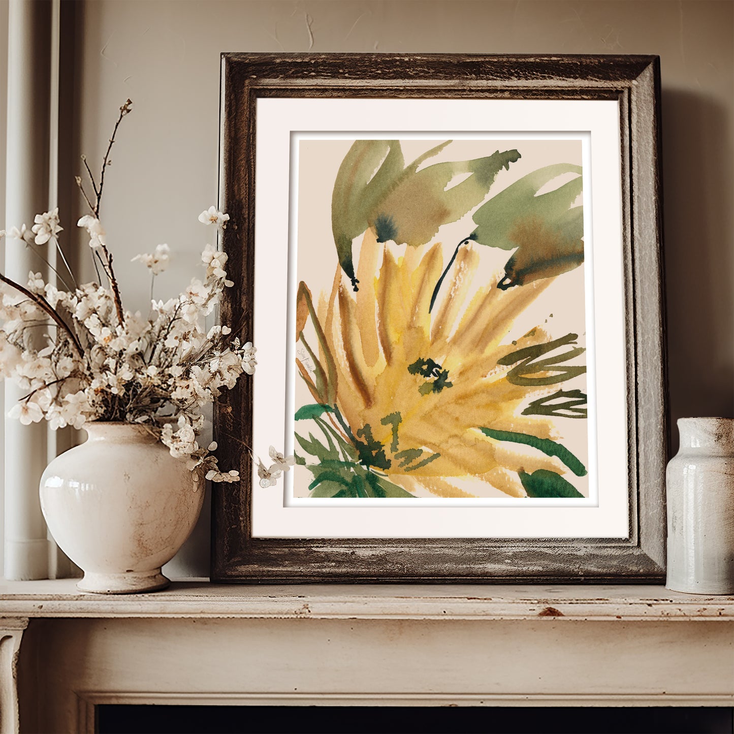 a framed painting of a yellow flower on a shelf, accompanied by a vase of white flowers and a small ceramic vase.