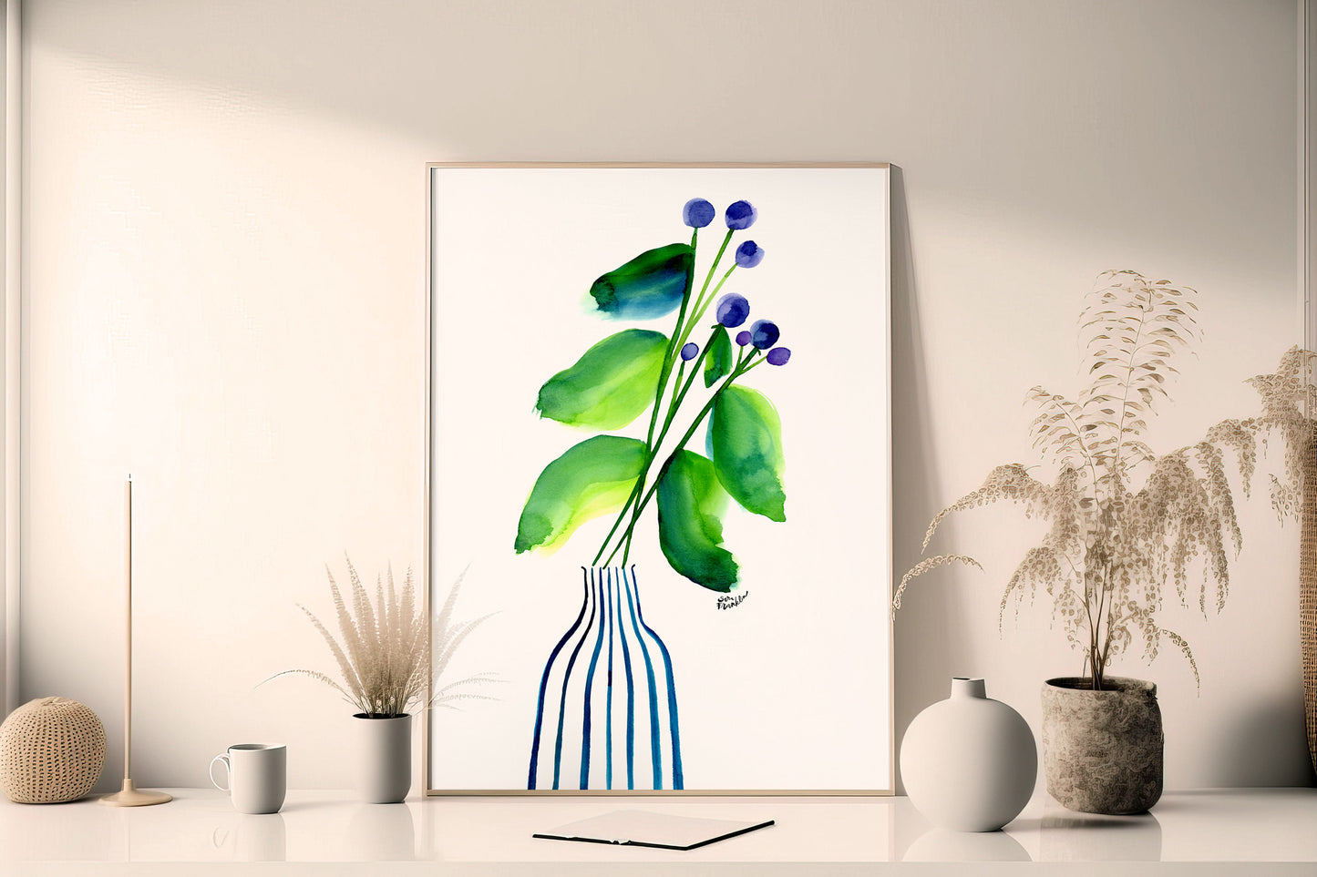 a painting of blue flowers in a vase