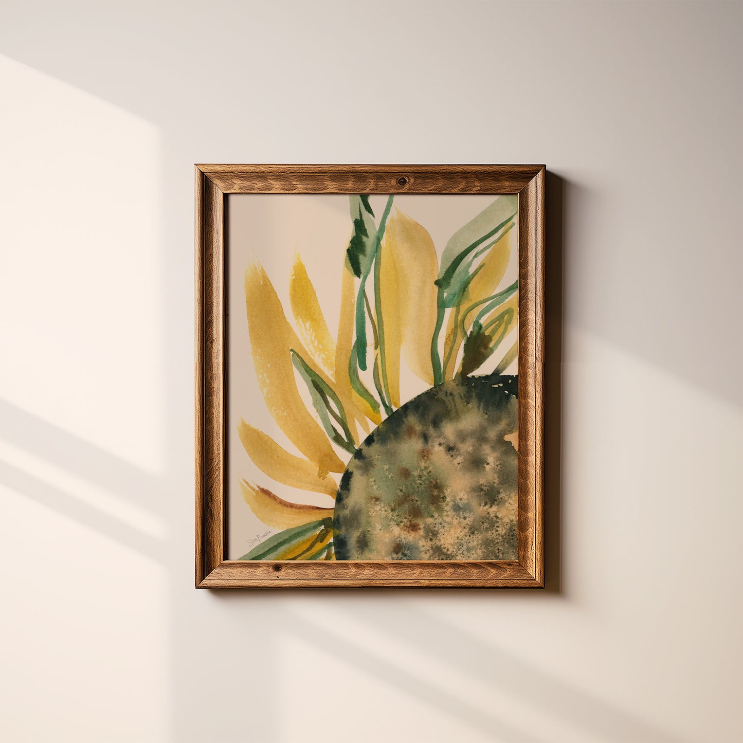 a framed painting of a sunflower on a wall.