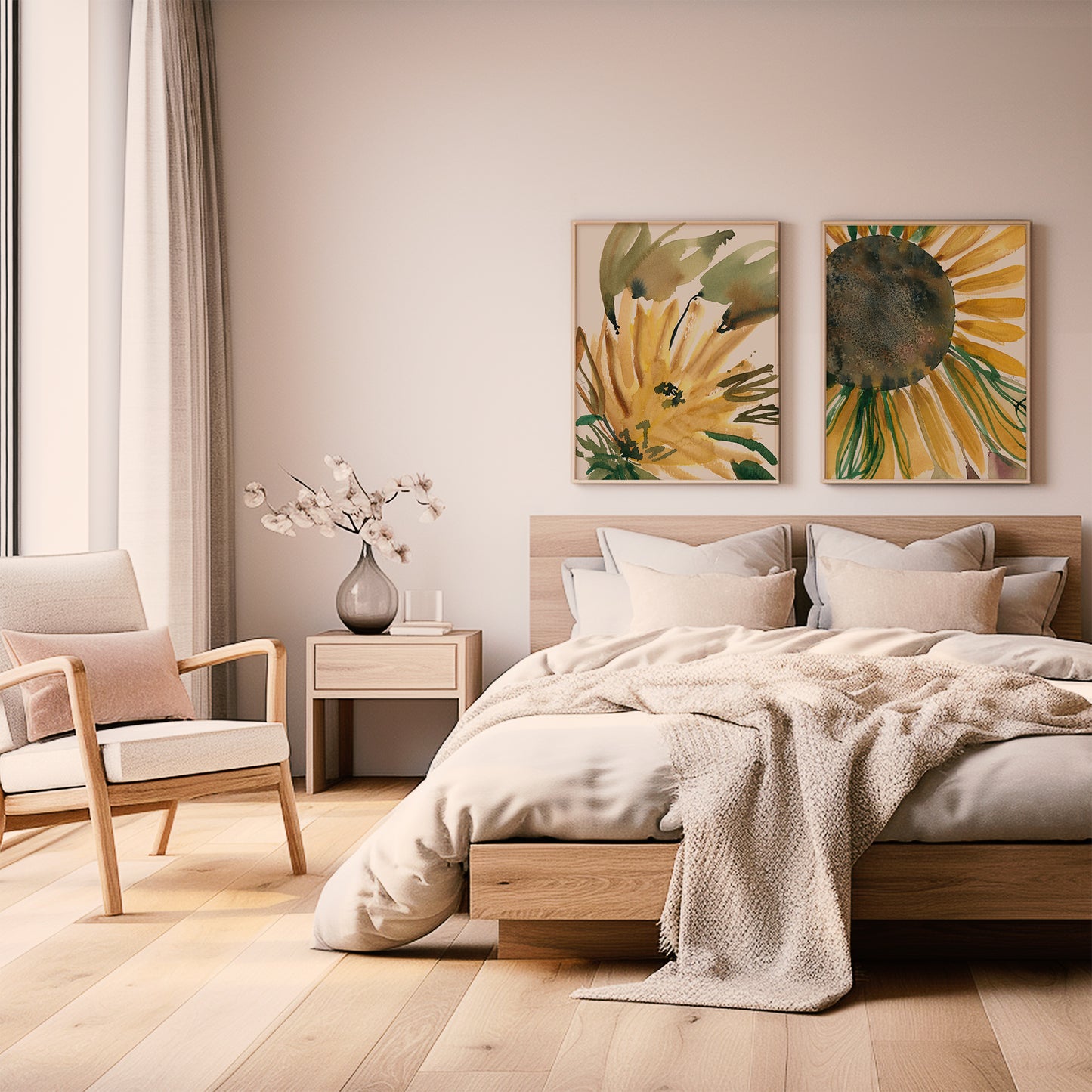 a serene and cozy bedroom with a large bed, a wooden nightstand, and a chair. The room has a neutral color palette, with a large window providing natural light. The walls are adorned with two framed pictures of sunflowers, adding a touch of warmth and color to the space. The overall atmosphere of the room is calm and inviting, with a harmonious balance of furniture and decor elements.