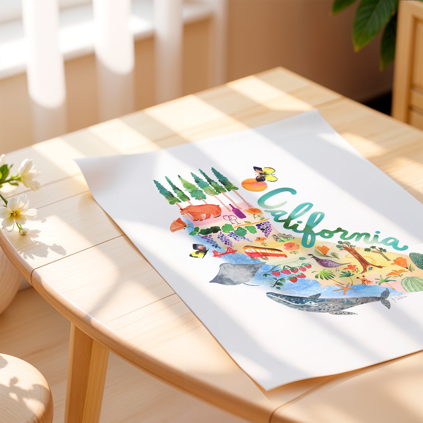 a picture of a table with a picture of a california on it