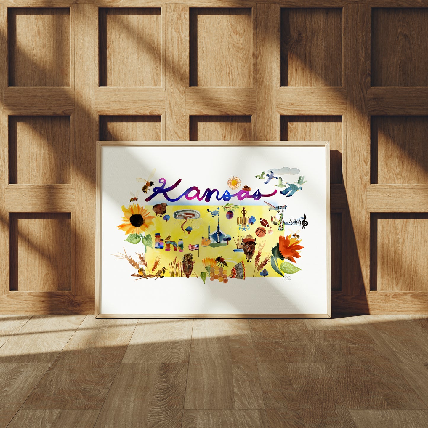 a picture of a wooden wall with a picture of flowers