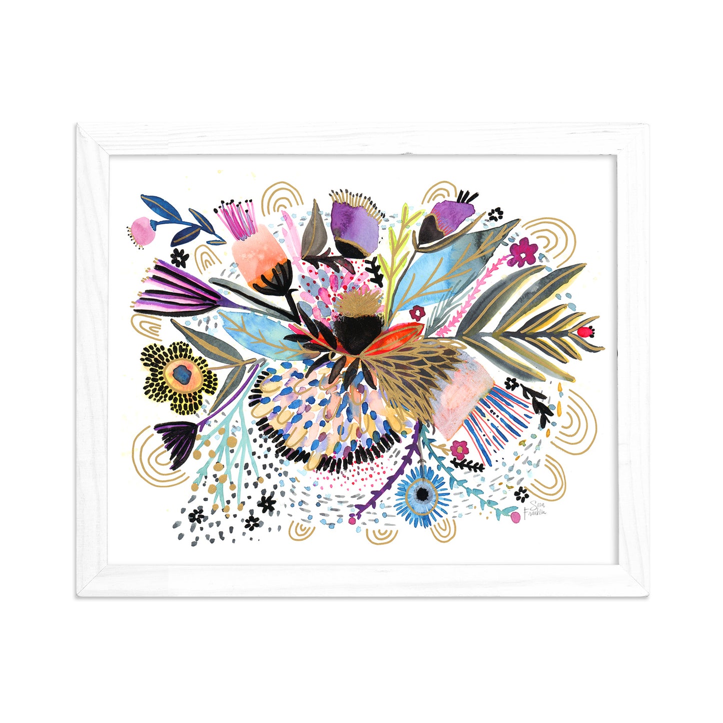 a painting of flowers and birds on a white background