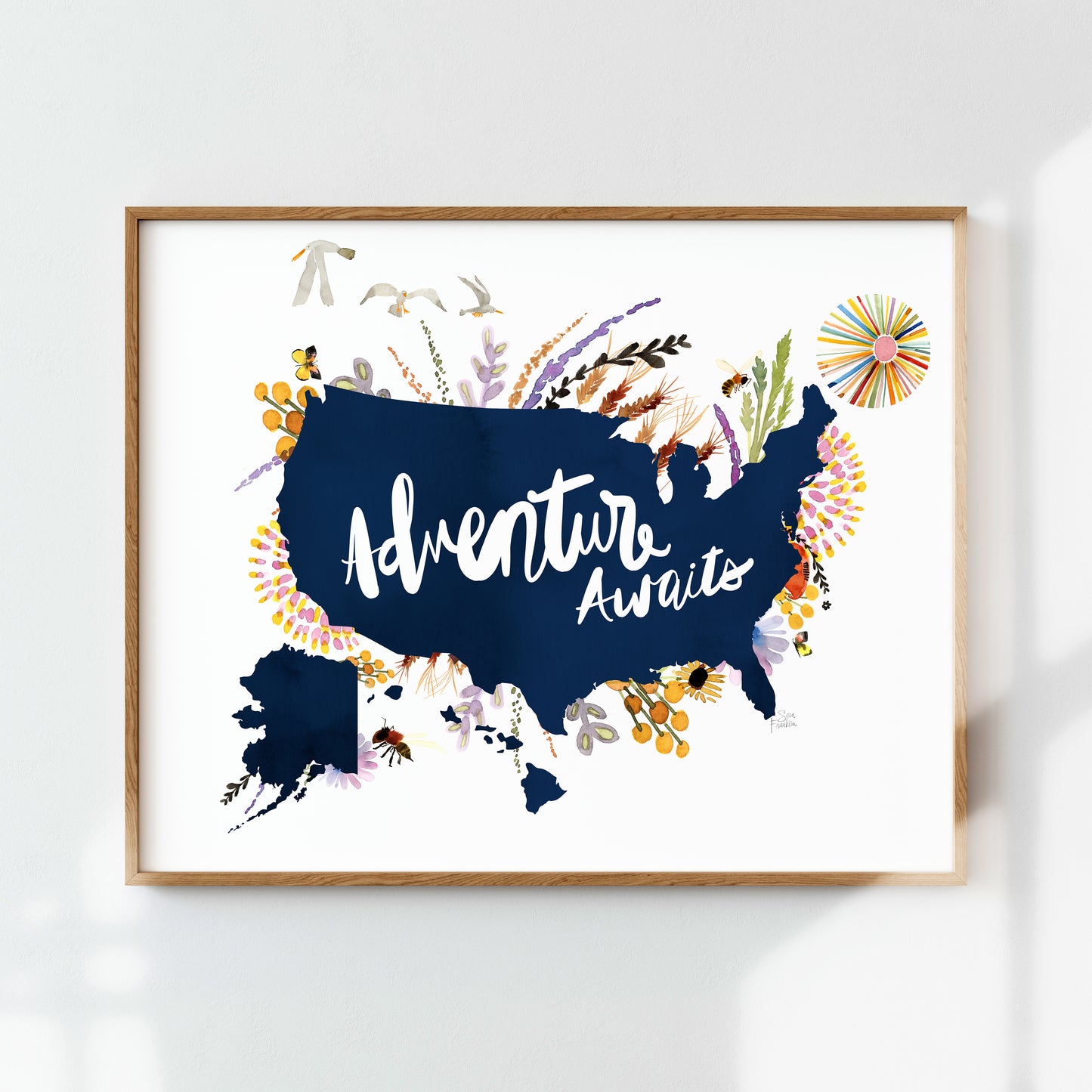 a watercolor map of the united states with the words adventure await