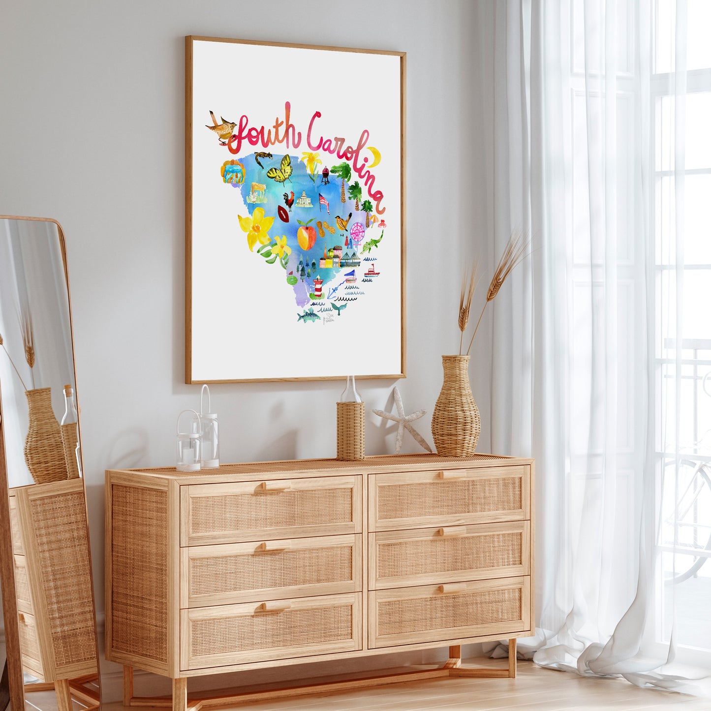 a picture of a room with a dresser and a mirror