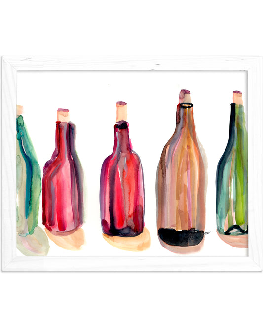 a collection of colorful bottles, including red, green, and brown bottles, arranged in a row.