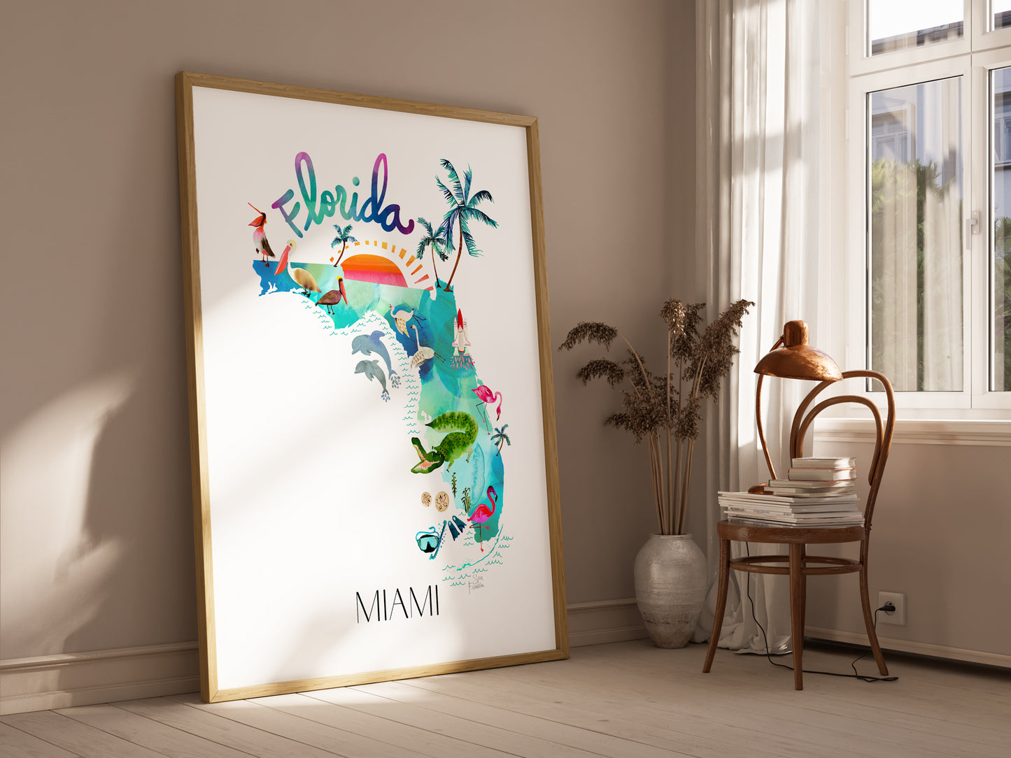 a picture of a poster hanging on a wall next to a chair