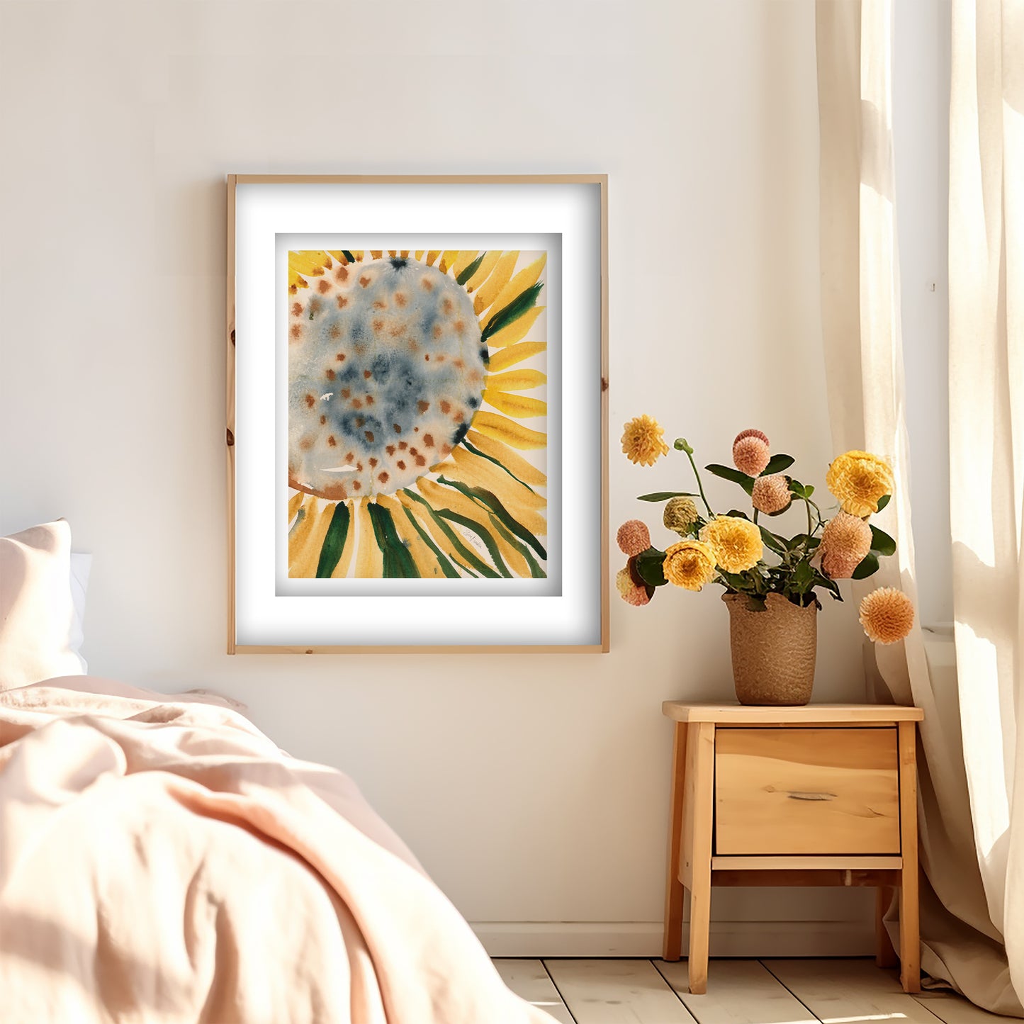 a bedroom with a bed, a wooden nightstand, and a framed painting of a sunflower on the wall. The painting is hanging above the bed, and the nightstand has a vase of flowers on it.