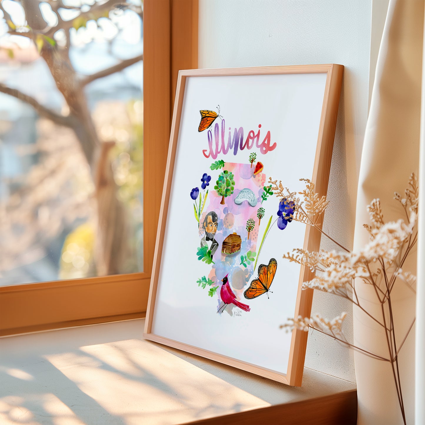 a picture of a window sill with flowers and butterflies