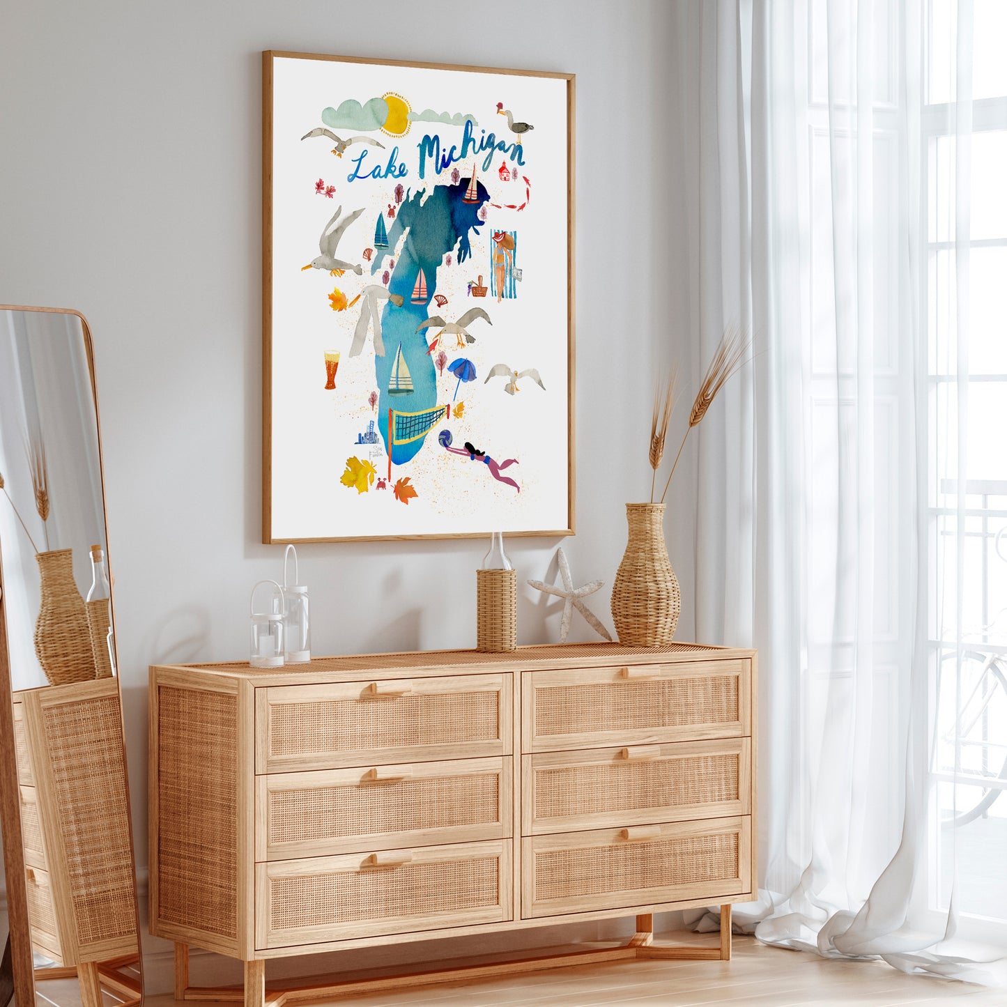 a wooden dresser with a mirror on top of it