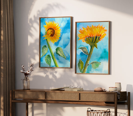 two paintings of sunflowers on a white wall