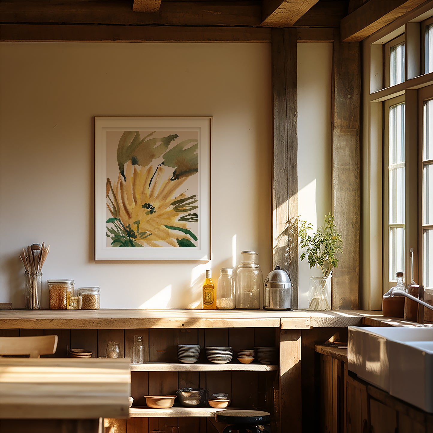 a cozy kitchen with a wooden counter, a sink, and various kitchen items such as jars, bottles, and a vase. A framed picture of a flower hangs on the wall above the counter, adding a touch of nature to the space. The kitchen is well-lit, with sunlight streaming in through the windows, creating a warm and inviting atmosphere.