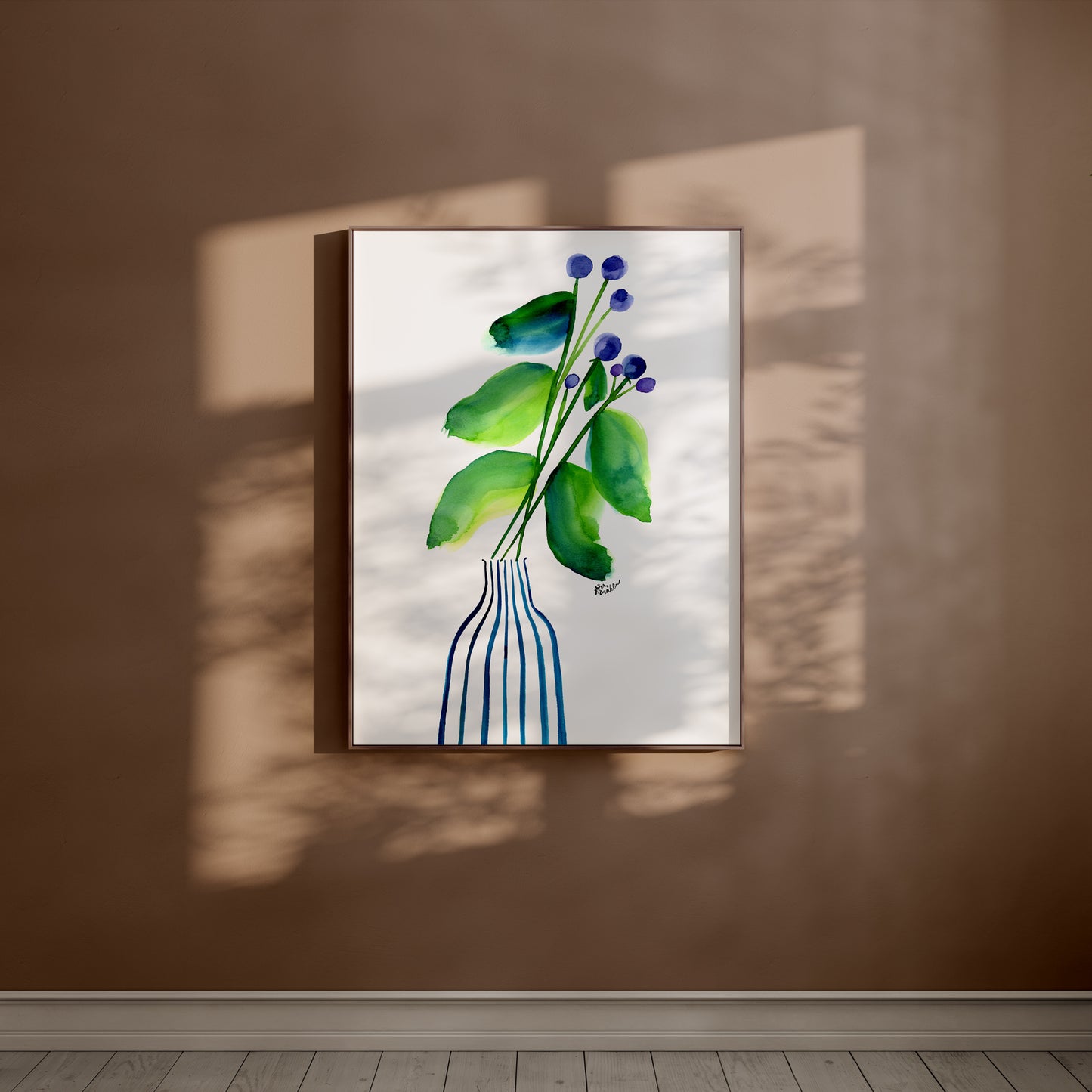 a painting of a vase with blue flowers on a brown wall