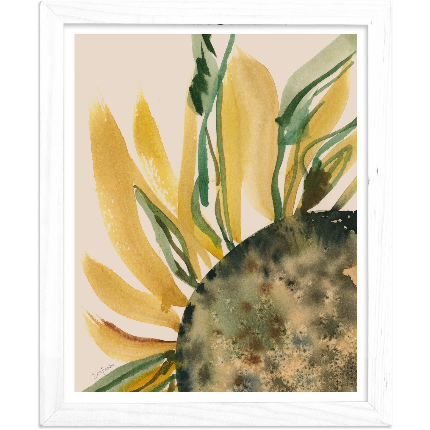 The image is a framed watercolor painting depicting a vibrant sunflower with yellow petals and green leaves.