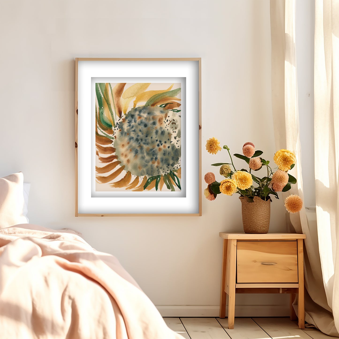a bedroom with a bed, a wooden nightstand, and a framed painting of a sunflower on the wall. The painting is hanging above the bed, and the nightstand has a vase of flowers on it.