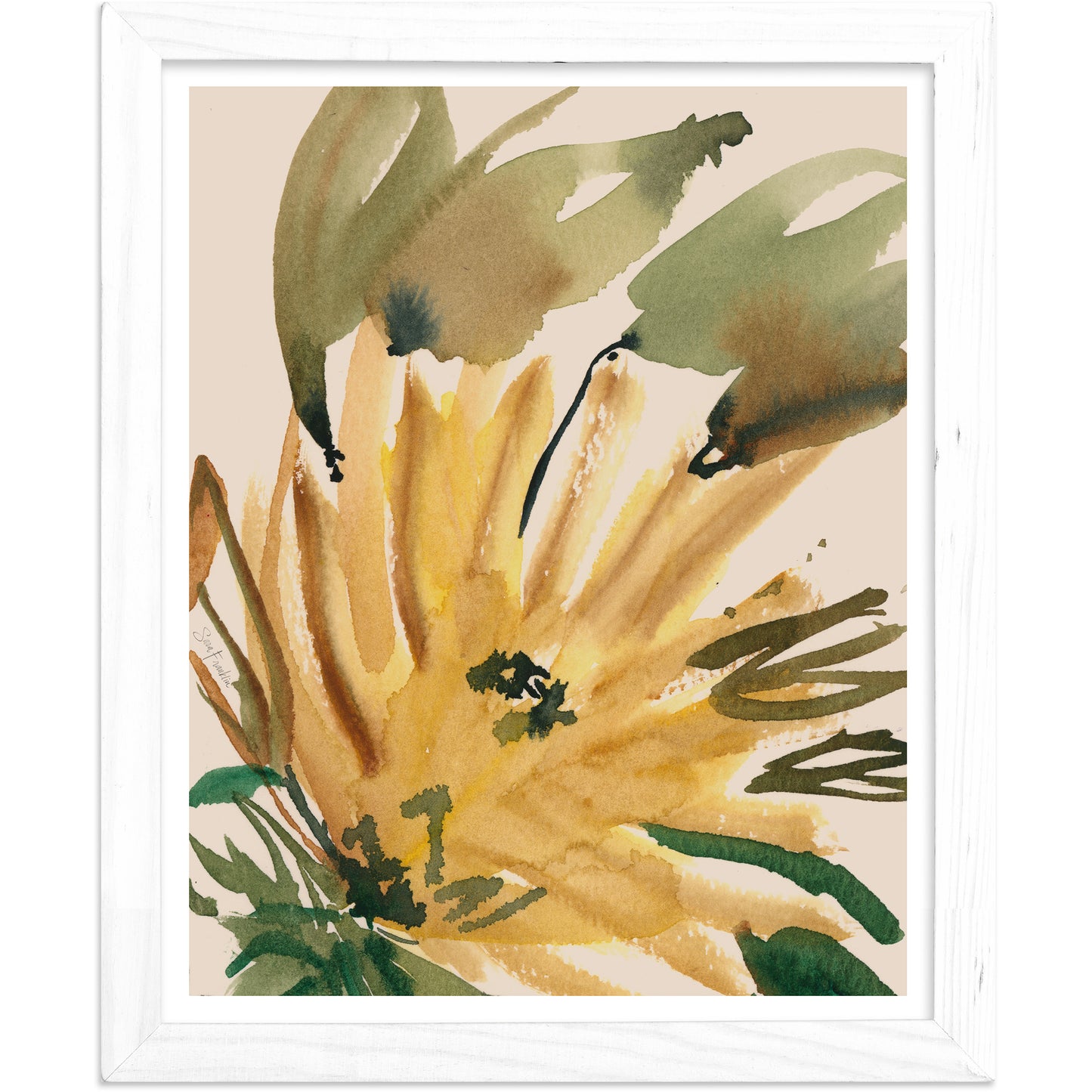 The image is a framed watercolor painting depicting a vibrant yellow flower with green leaves.