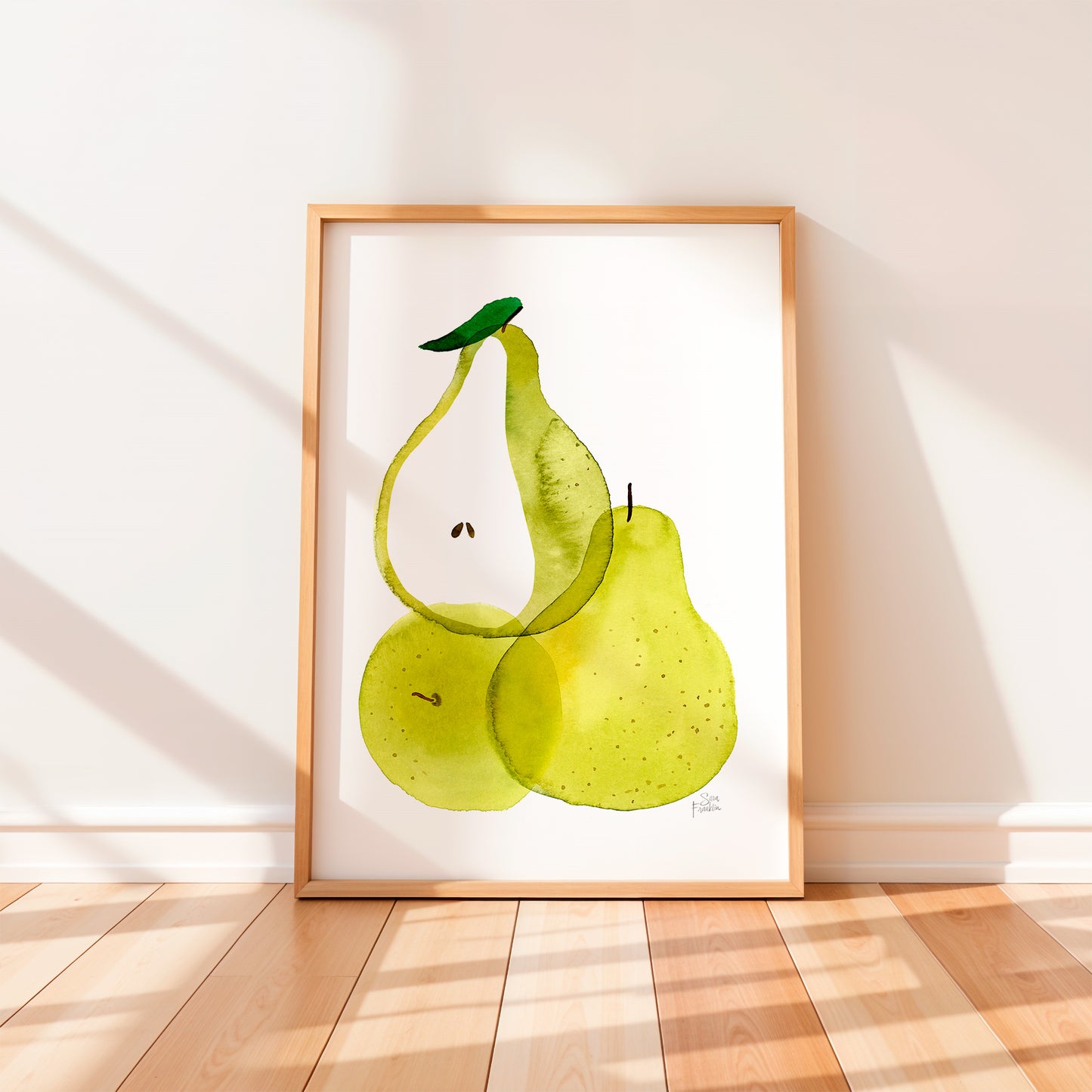 a framed painting of two green pears on a white background.