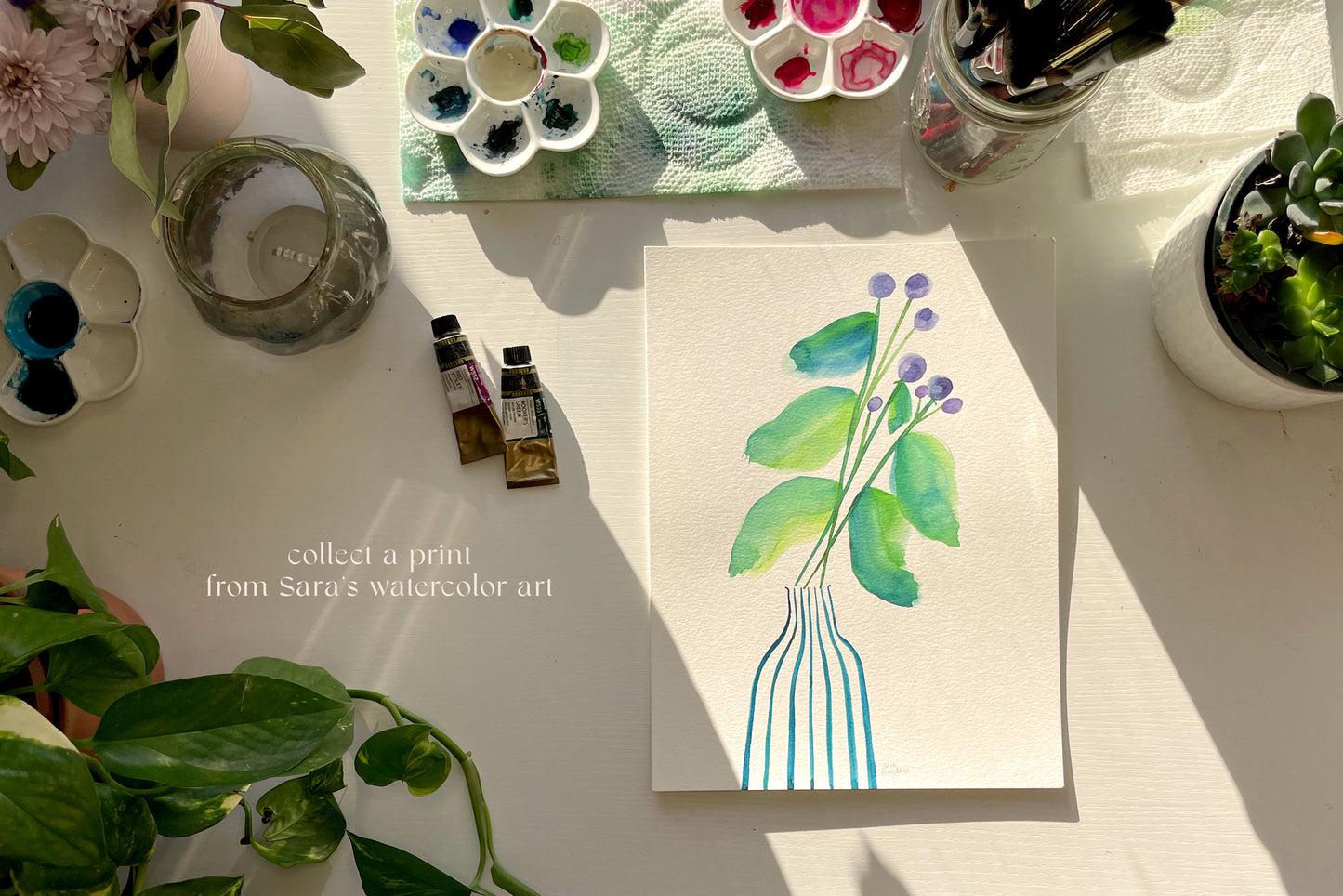 a painting of a flower in a vase on a table